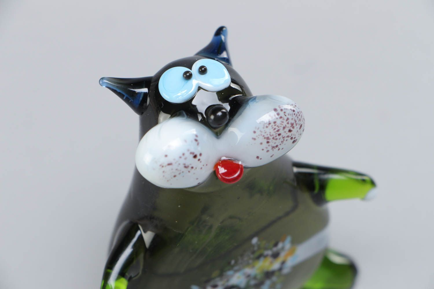 Handmade miniature collectible lampwork glass animal figurine of funny cat photo 3