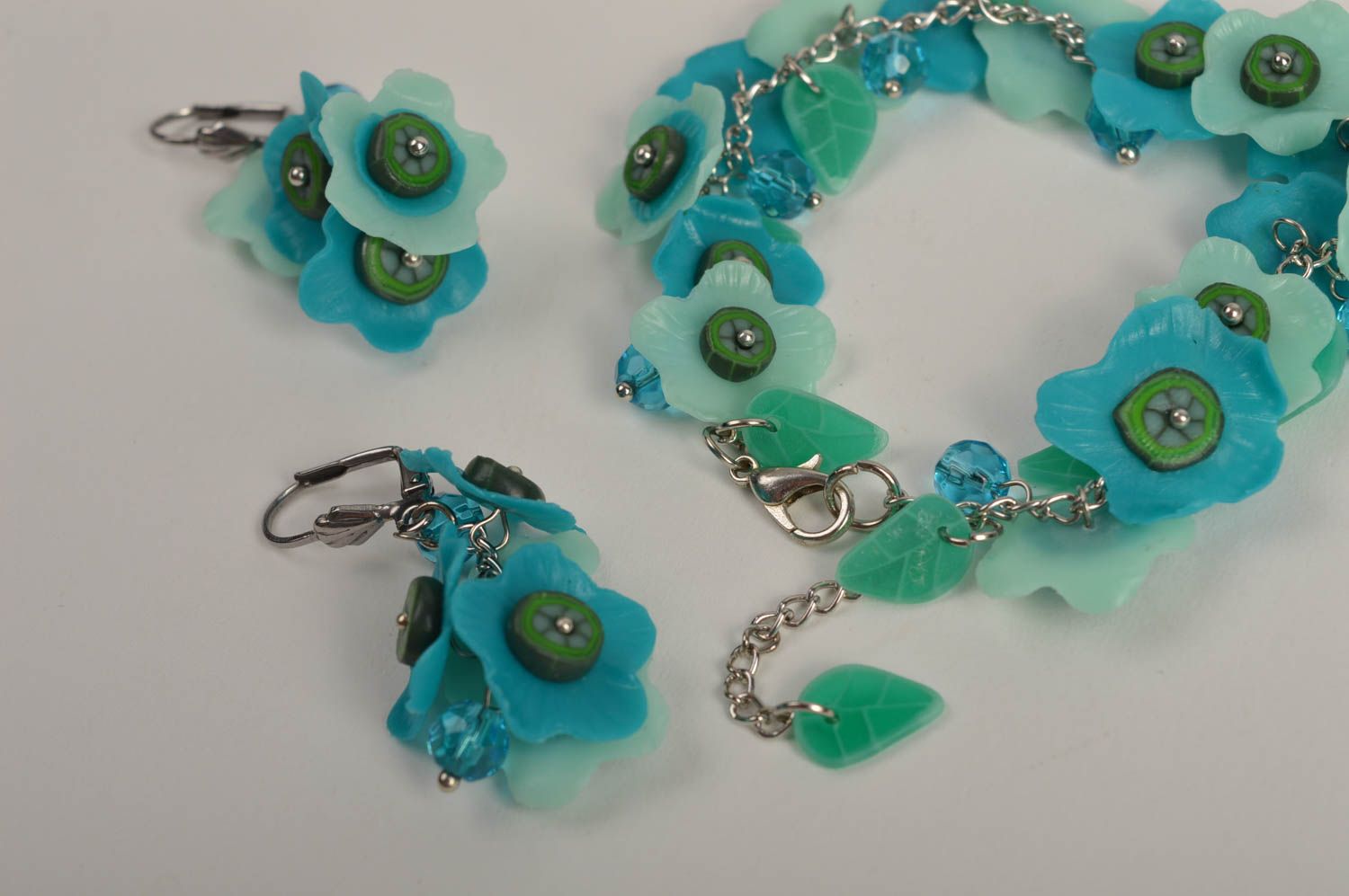 Parure Bijoux floraux bleus faits main bracelet boucles d'oreilles Cadeau femme photo 4