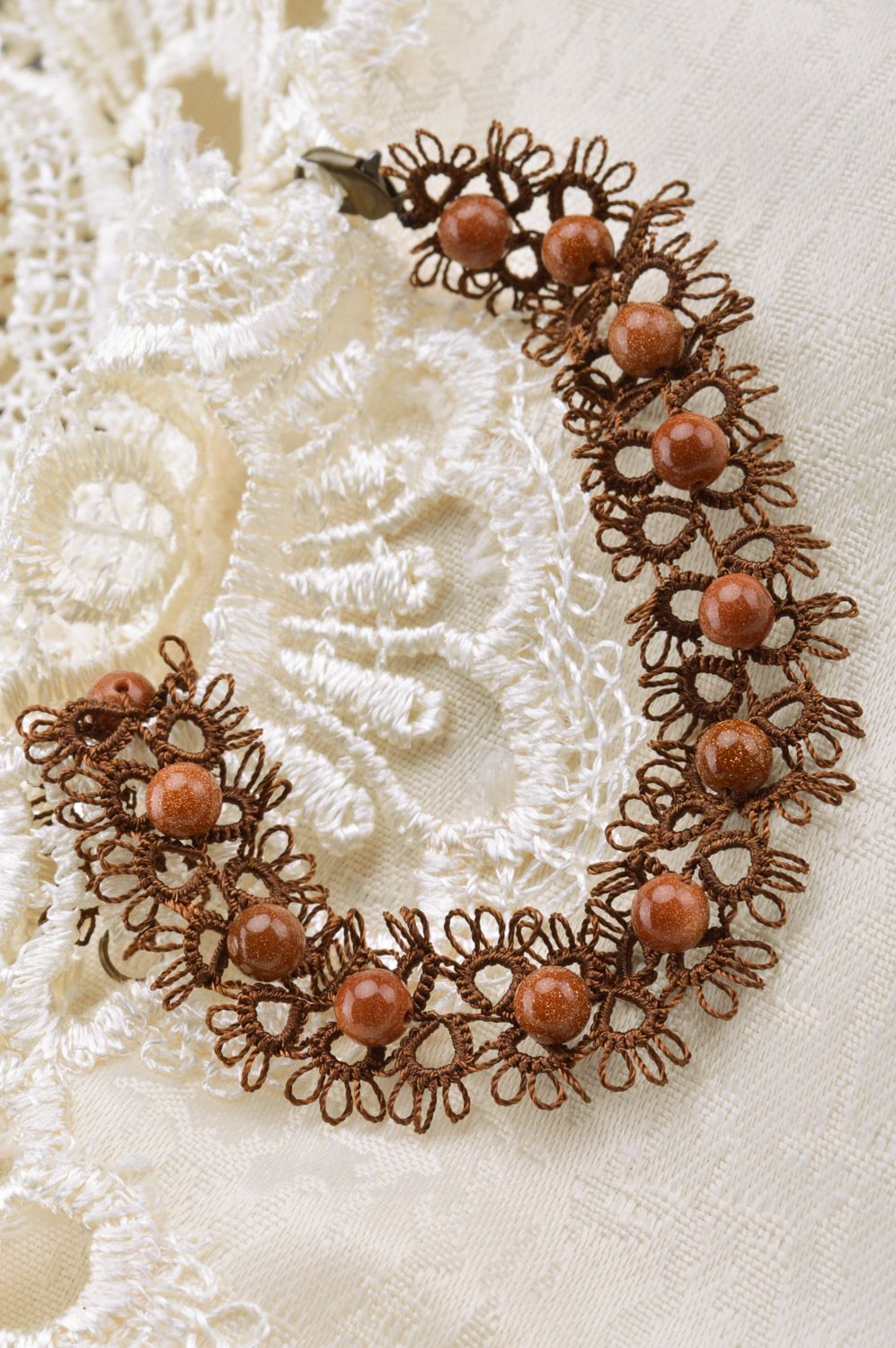 Brown handmade tatting bracelet woven of satin threads and beads photo 5