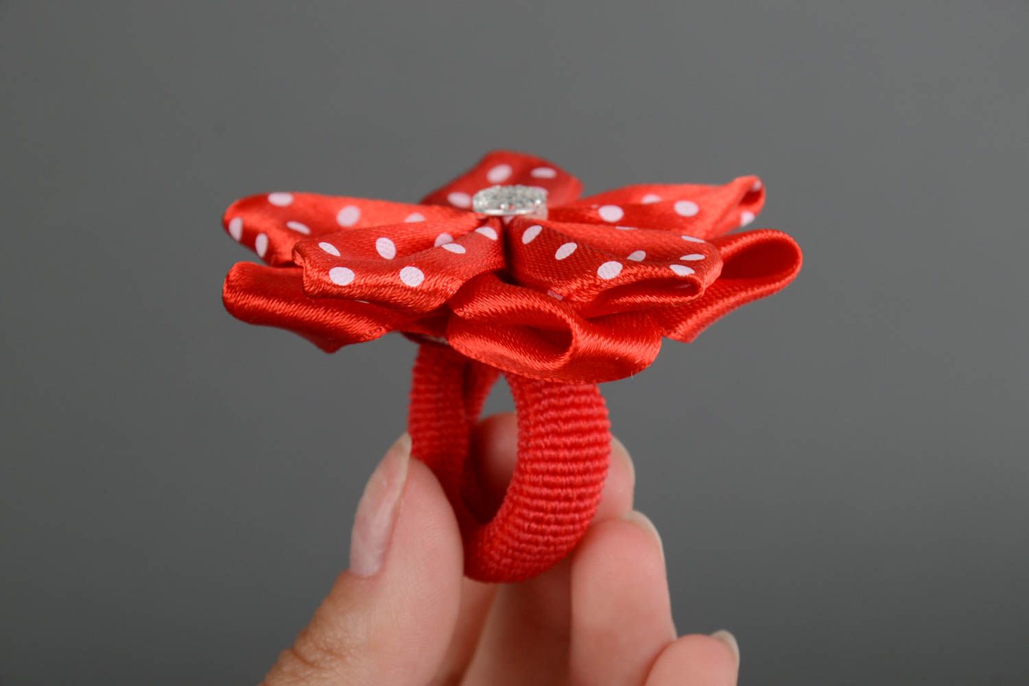 Handmade hair band with satin ribbon red kanzashi flower with cabochon photo 5