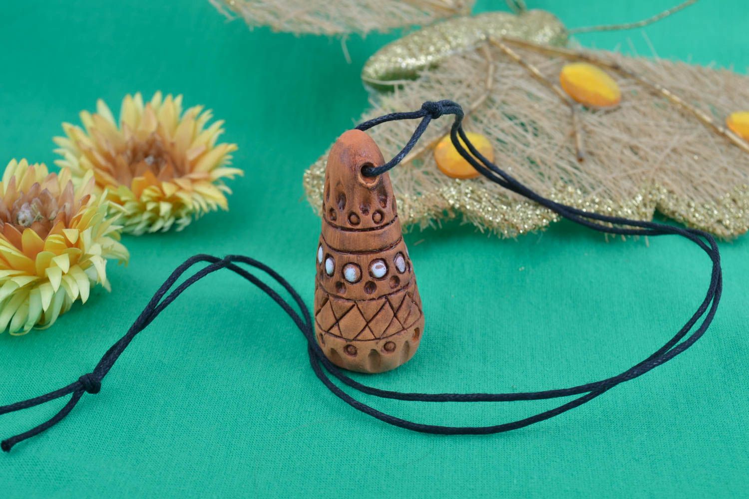 Handmade pendant made of clay unusually shaped brown accessory on long cord photo 1