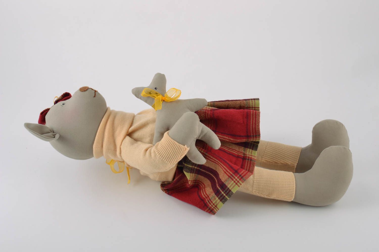 Handmade linen fabric soft toy mouse in red checkered skirt and sweater with bow photo 4