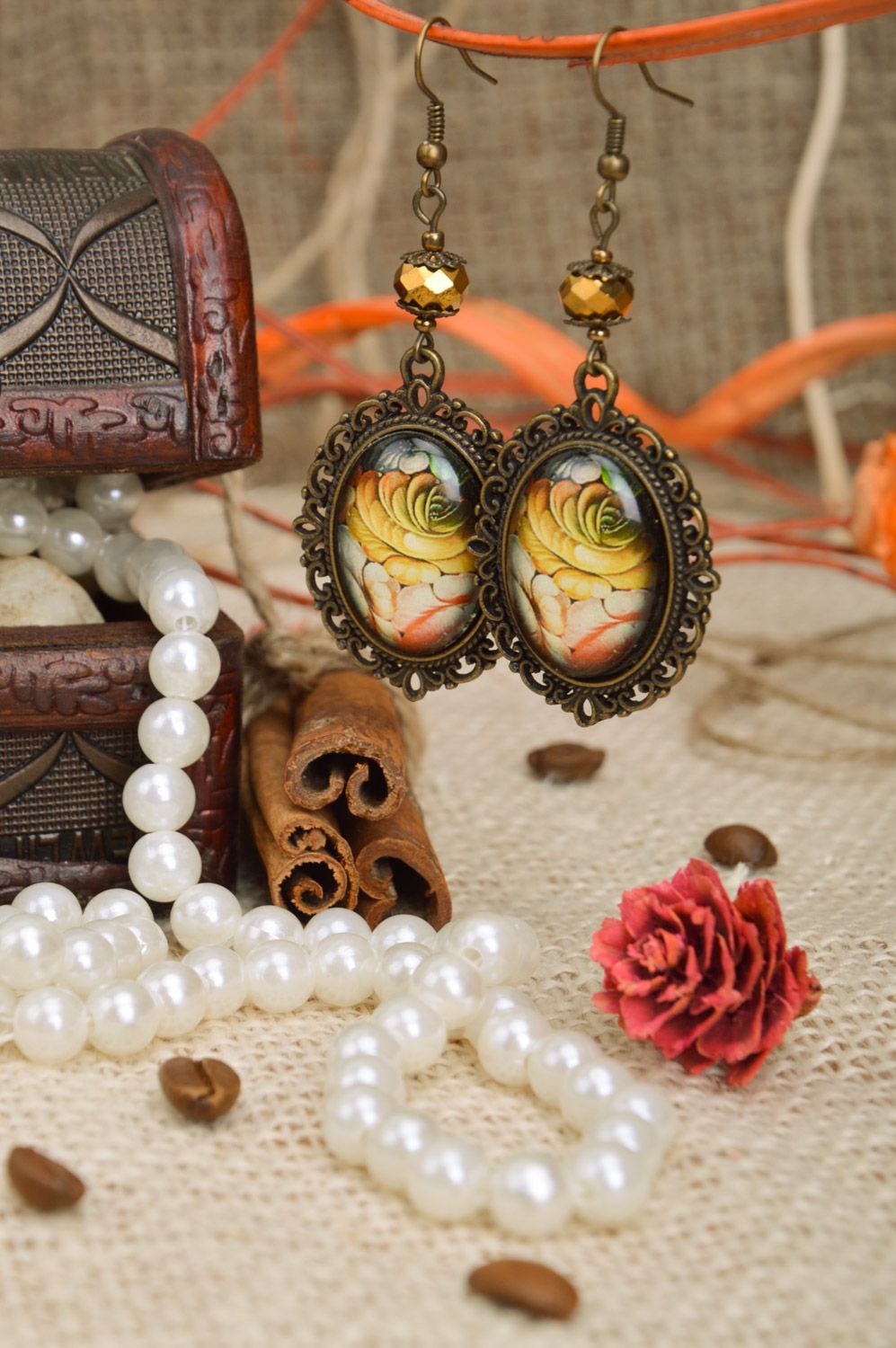 Handmade massive oval dangle earrings with fancy metal basis and beads photo 1