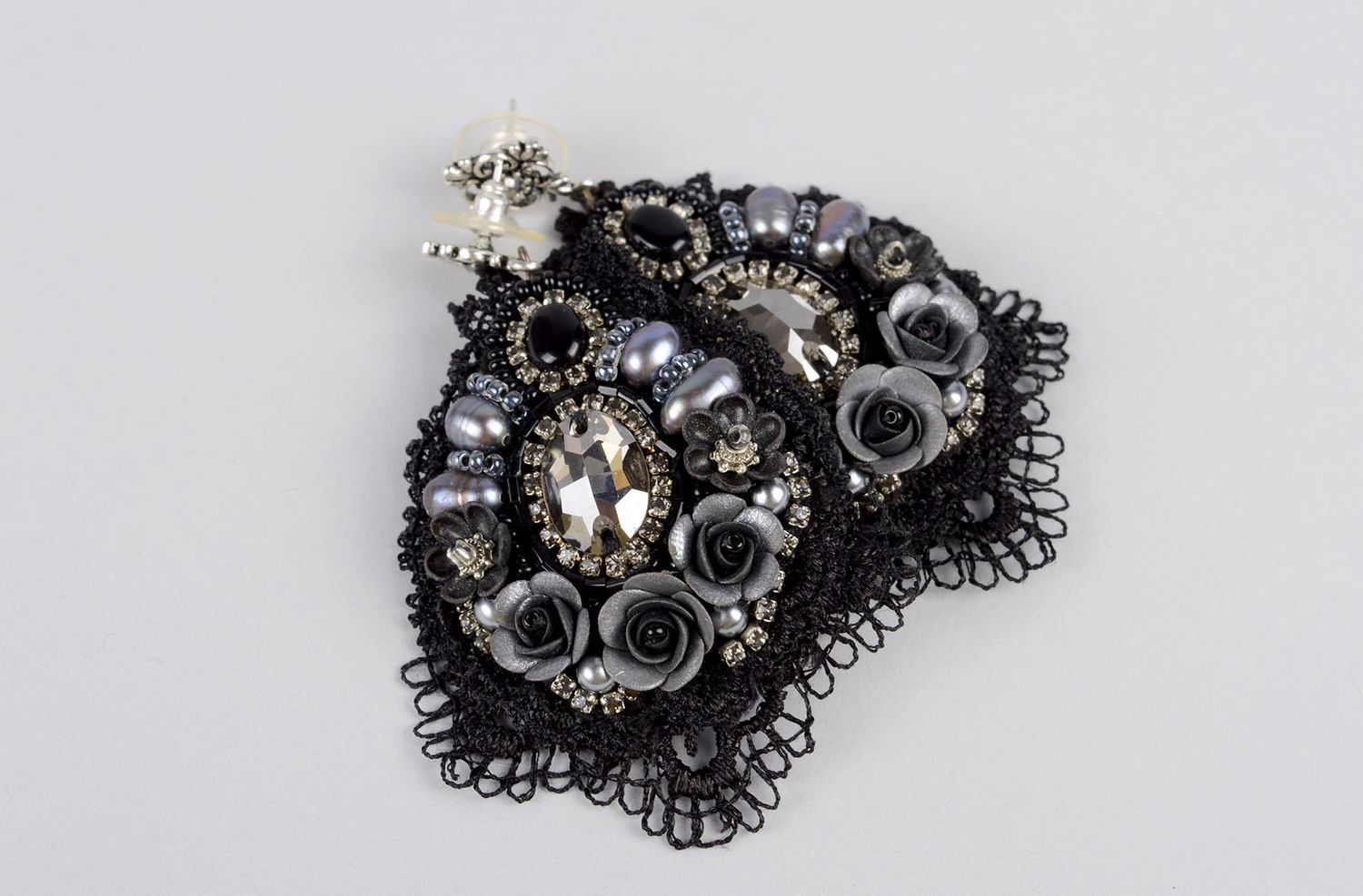 Handmade black earrings evening earrings with glass beads stylish accessory photo 3