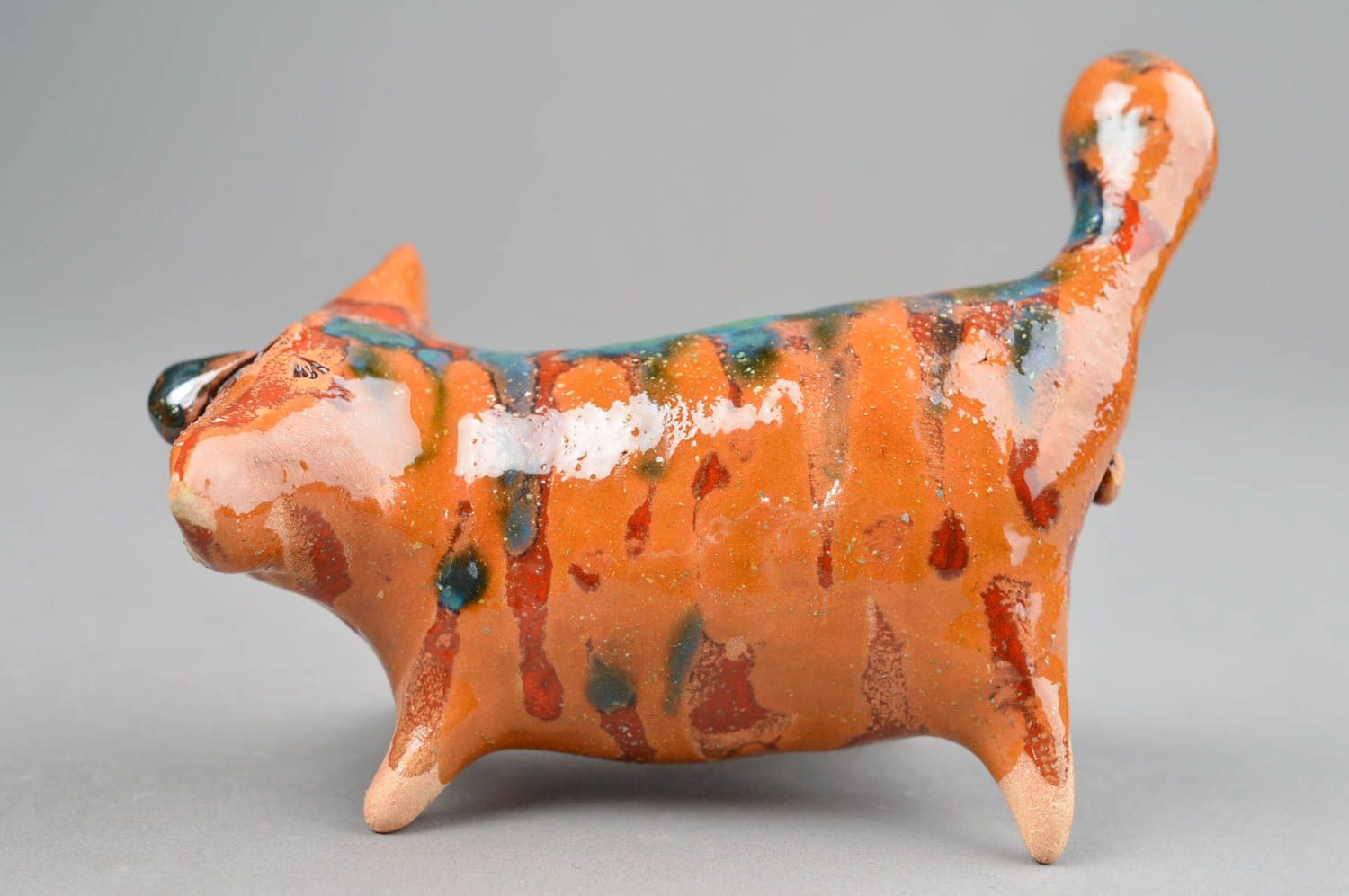 Figurine en argile faite main peinte de glaçure colorée Gros chat orange photo 2