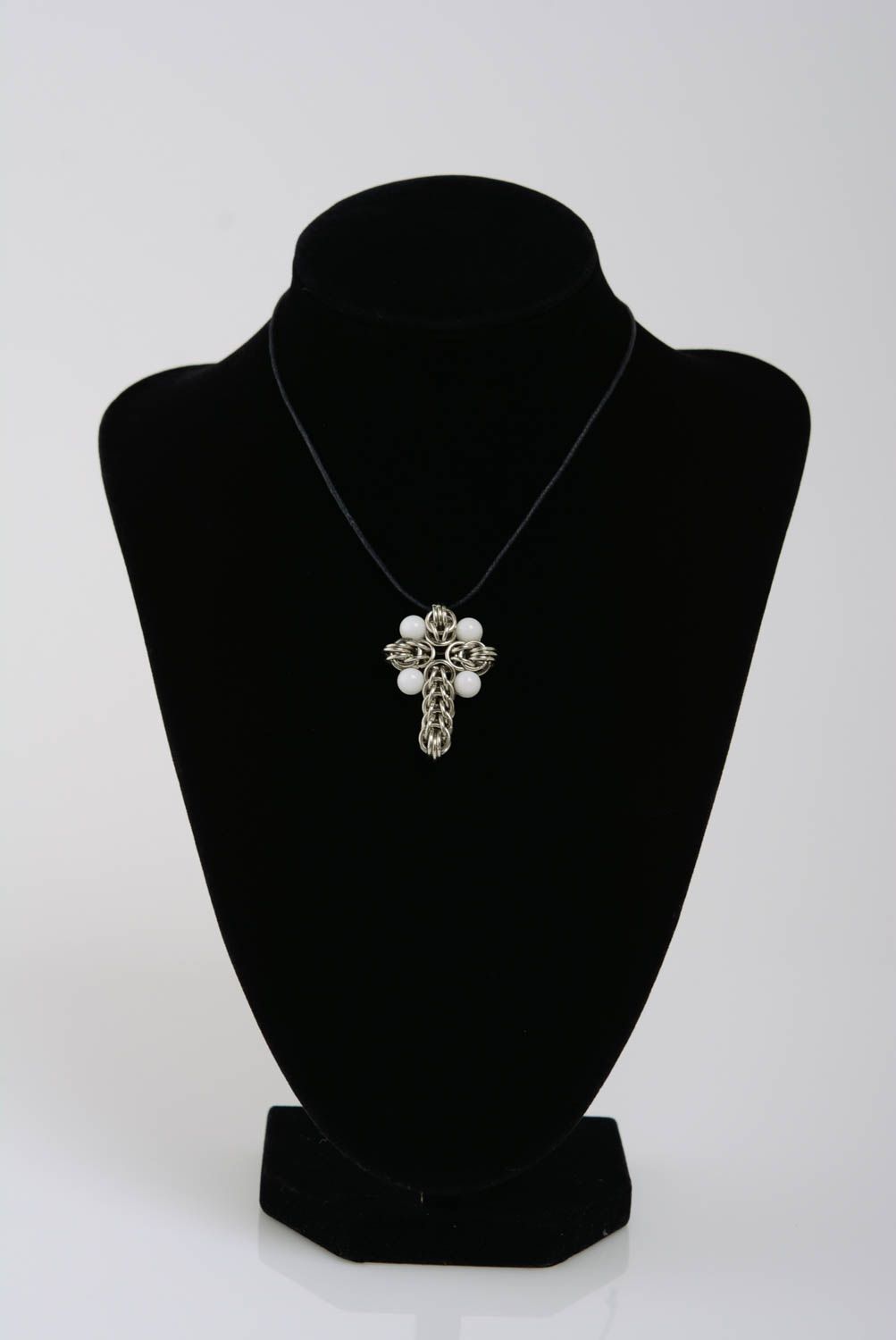 Metal cross on long cord chain mail weaving with white beads handmade accessory photo 2
