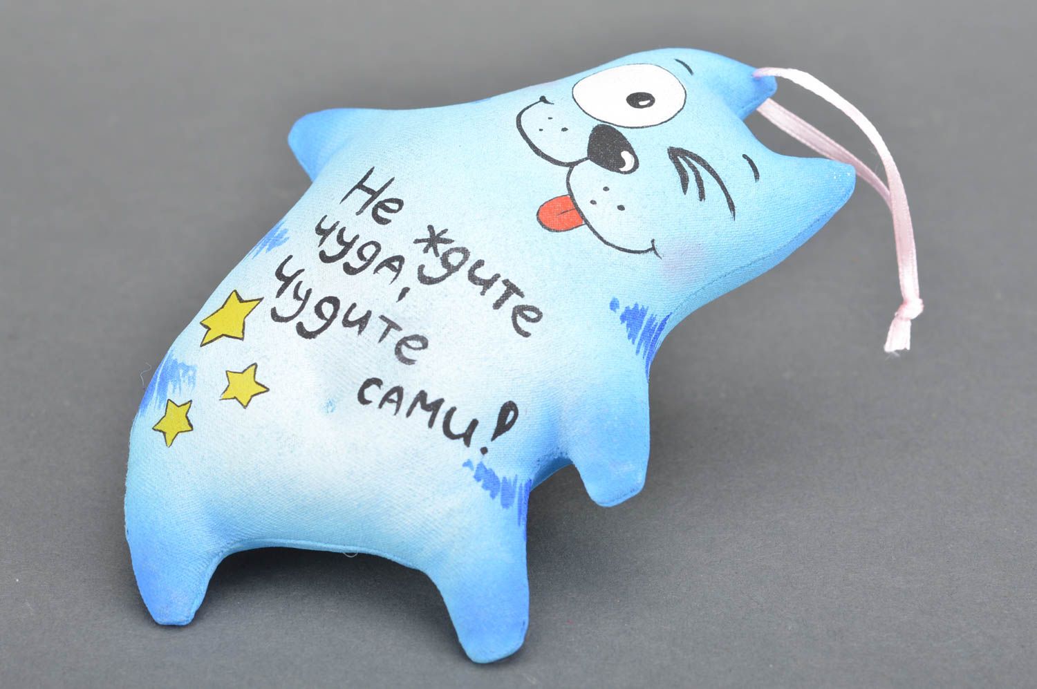 Handmade designer soft toy sewn of cotton fabric funny blue cat with lettering photo 2