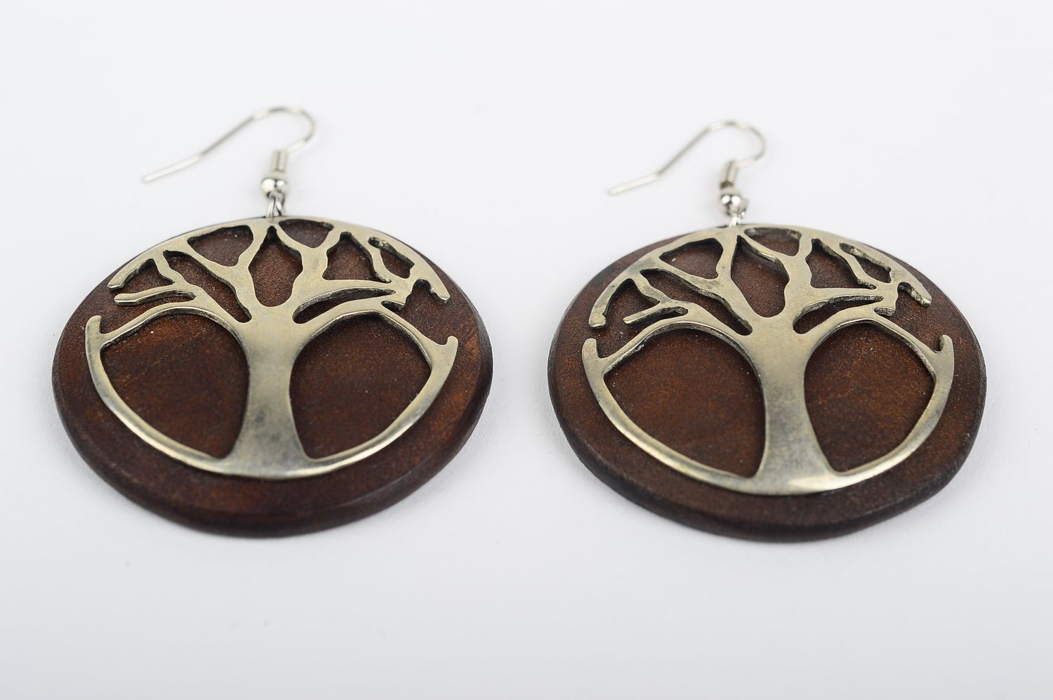 Большие серьги украшение ручной работы серьги из кожи с металлом Деревья фото 4