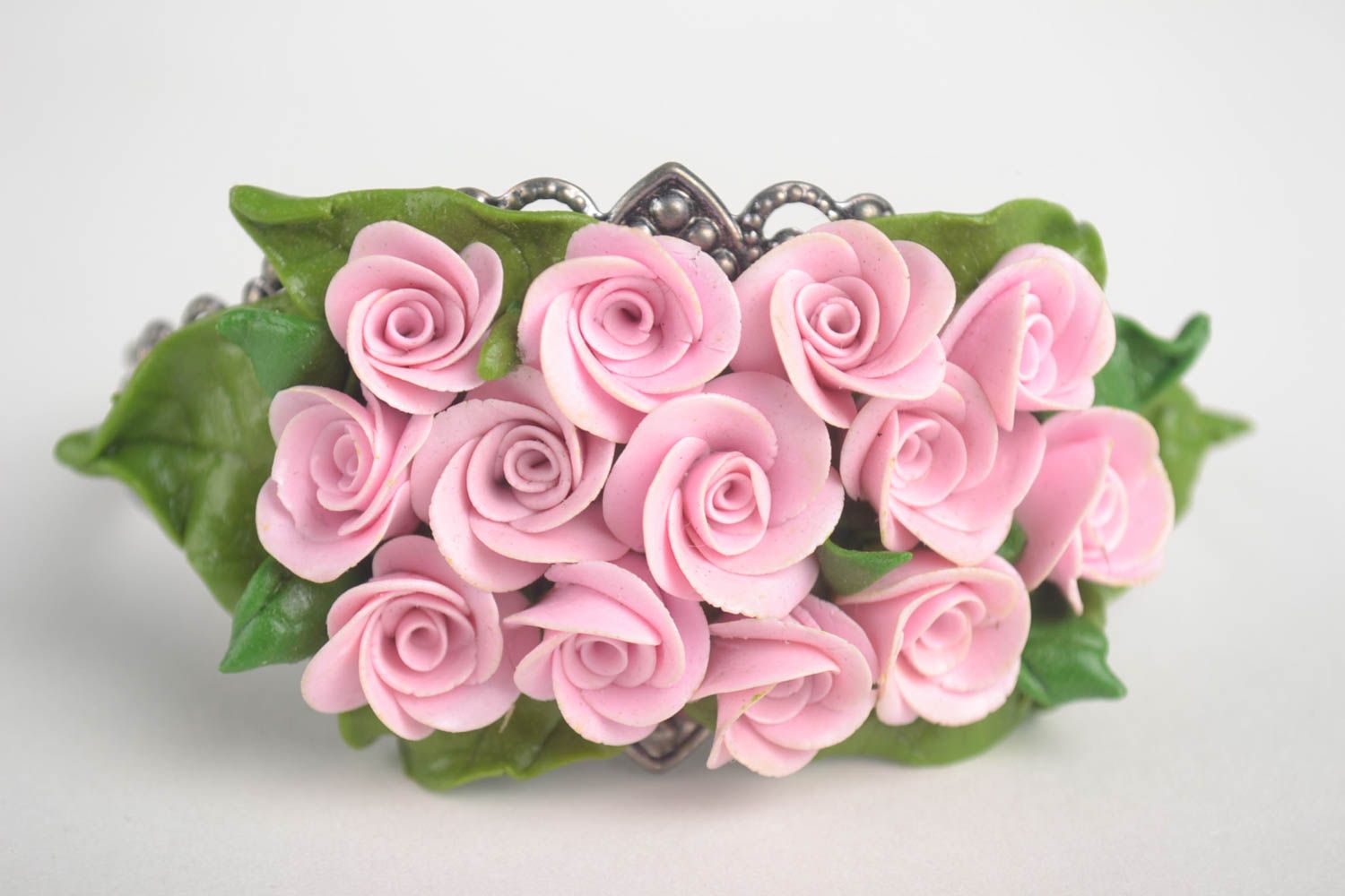 Bracelet fleurs roses Bijou fait main en pâte polymère Cadeau femme original photo 4