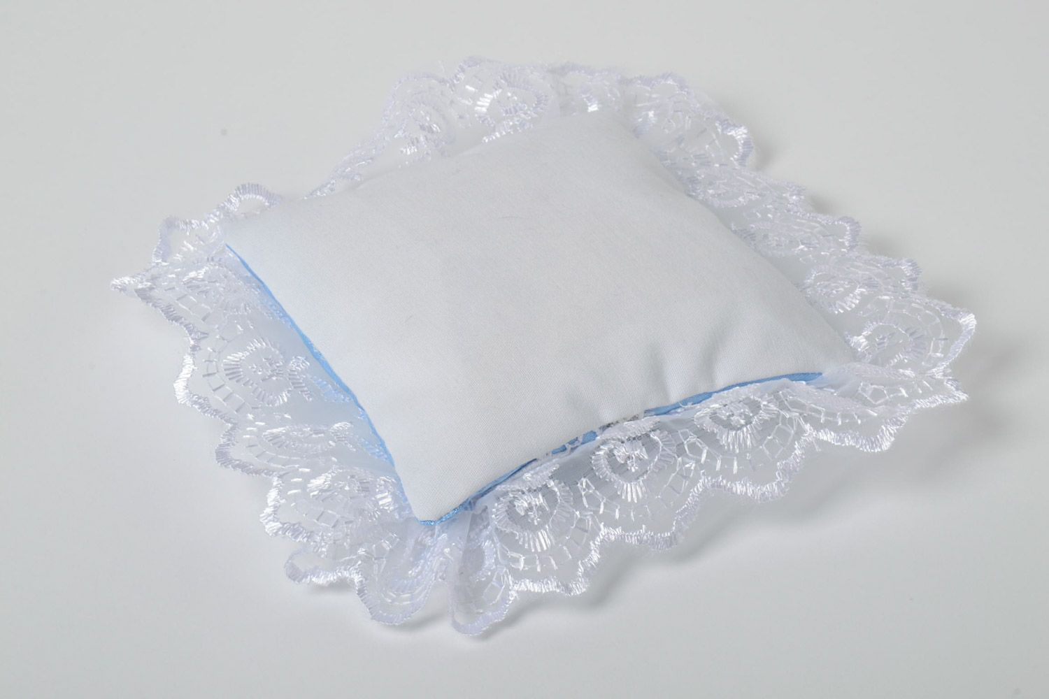Handmade wedding rings pillow sewn of blue satin with white lace and Czech beads photo 4