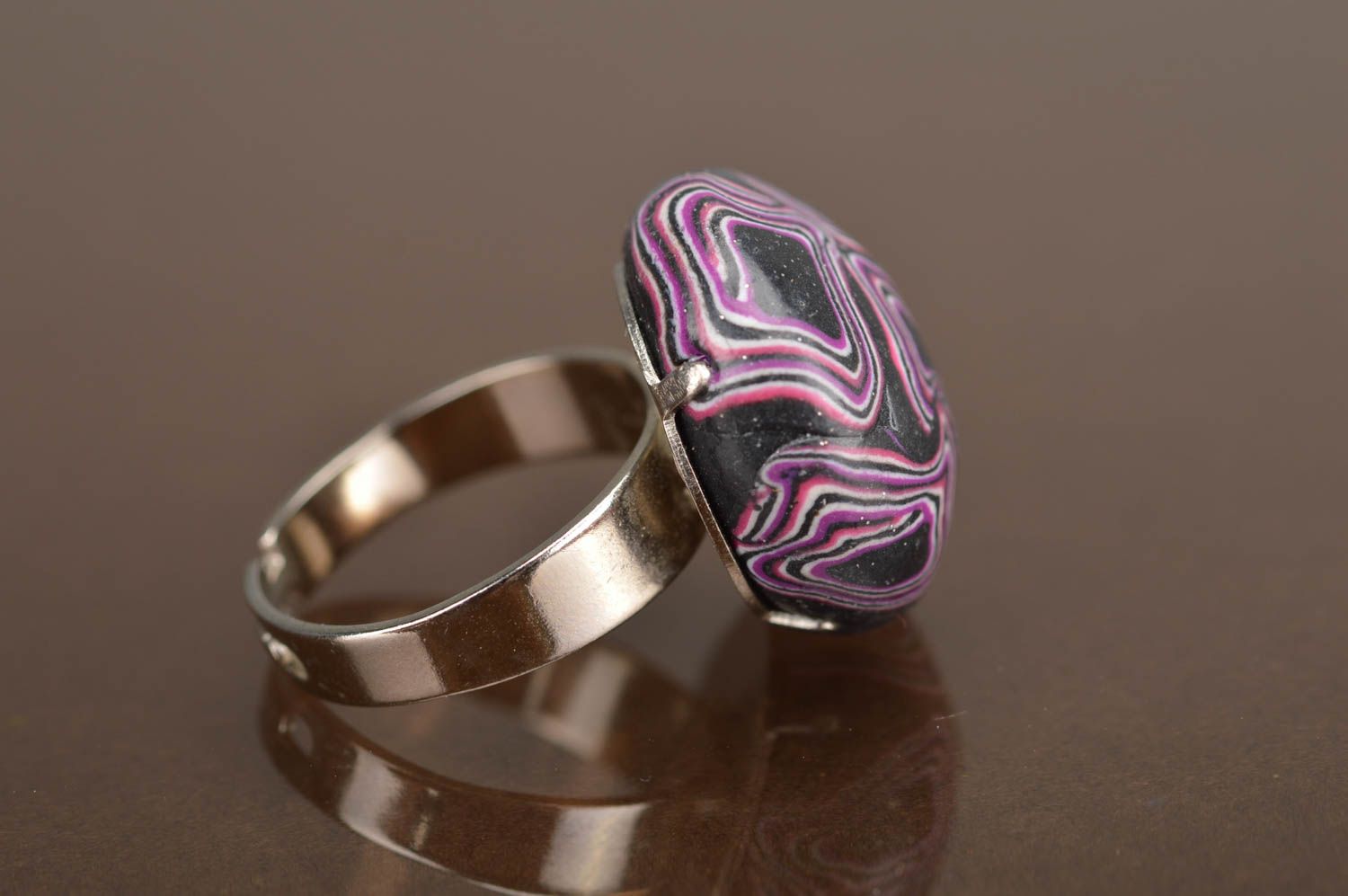 Handmade elegant round ring made of polymer clay in purple color photo 2