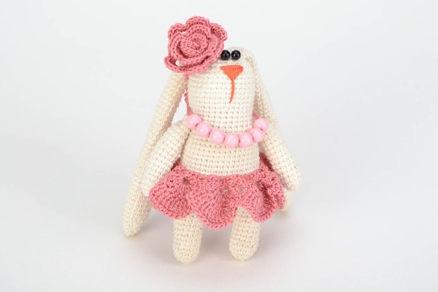 Small handmade soft toy crocheted of cotton threads Stylish Bunny photo 3