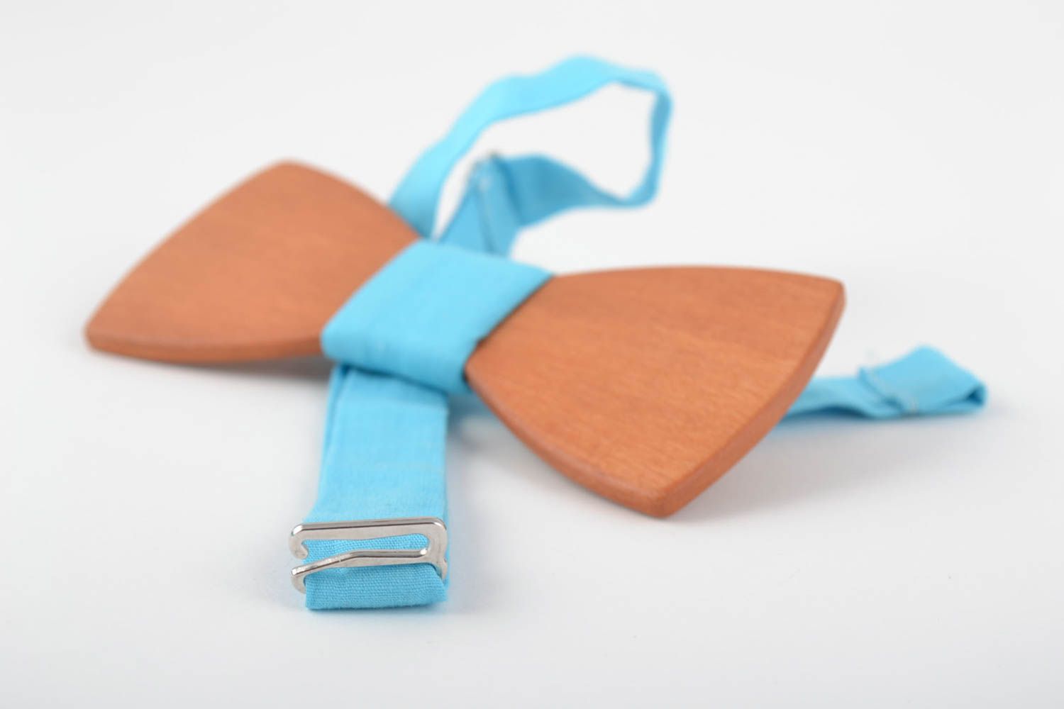 Handmade designer wooden bow tie with light blue fabric strap photo 5