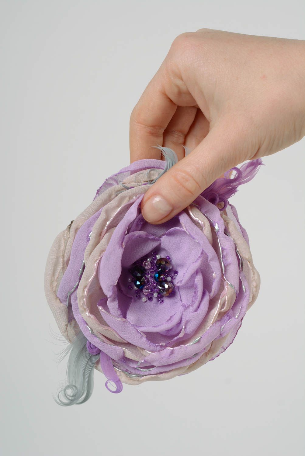Handmade designer large fabric flower brooch of light violet color  photo 3