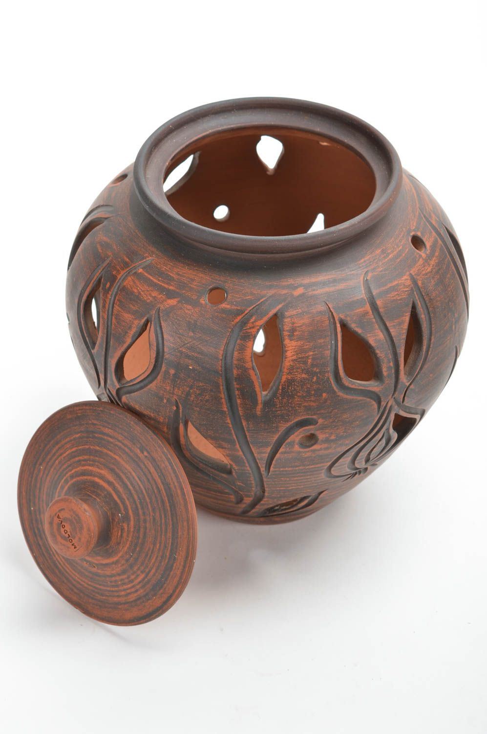 Pot avec couvercle en terre cuite fait main marron ajouré décoratif original photo 5