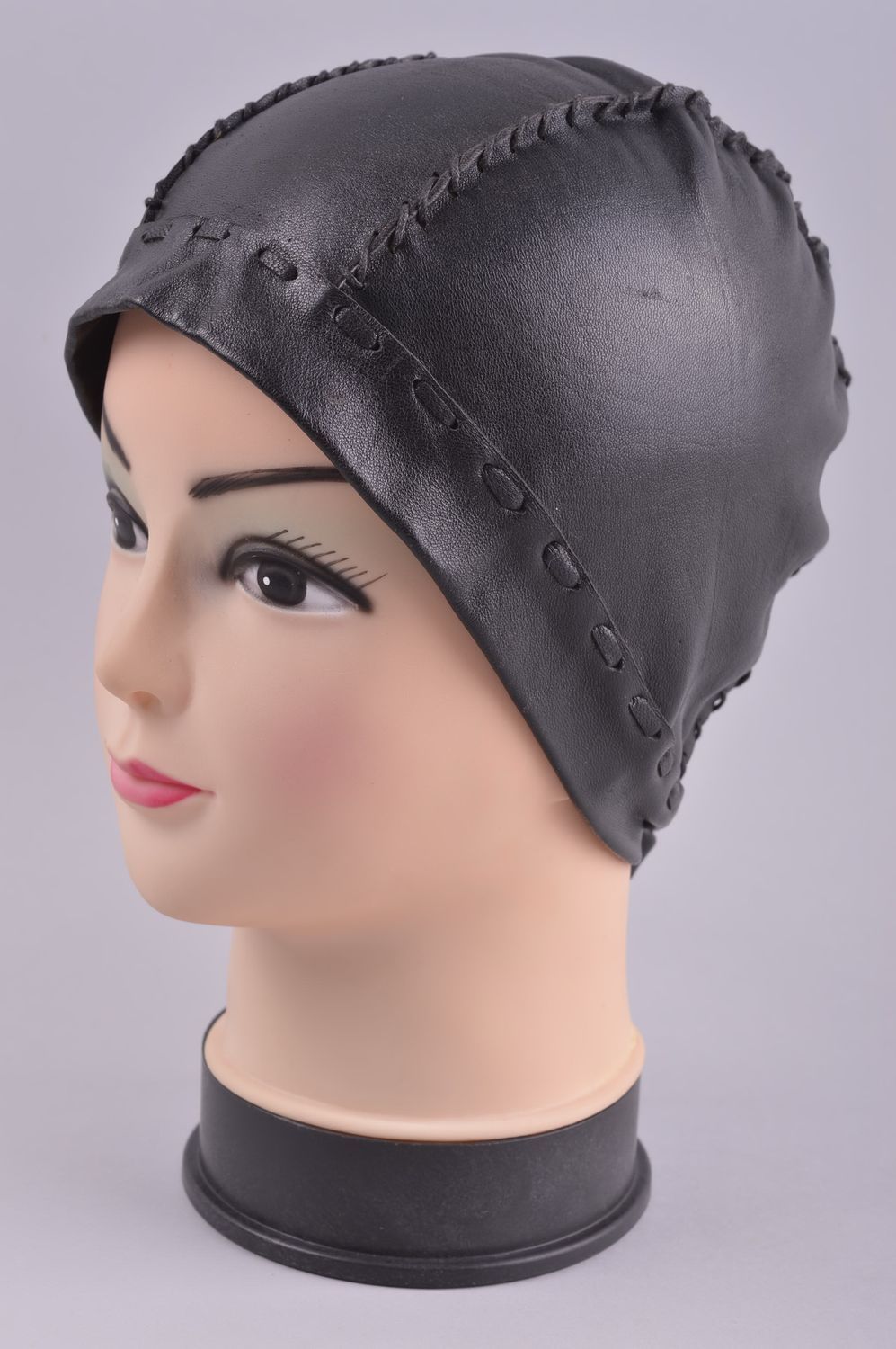 Handmade black leather cap unusual female cap stylish beautiful headwear photo 2