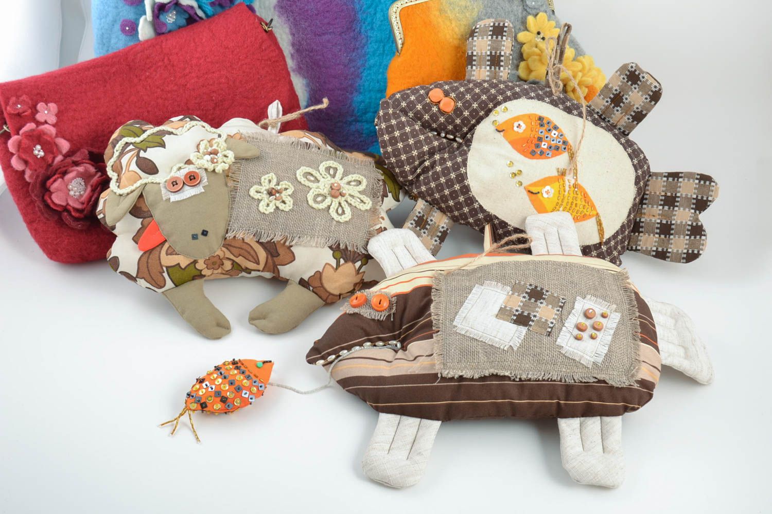 Set of 3 beautiful handmade soft toys with eyelets wall hangings Fish and Lamb photo 1