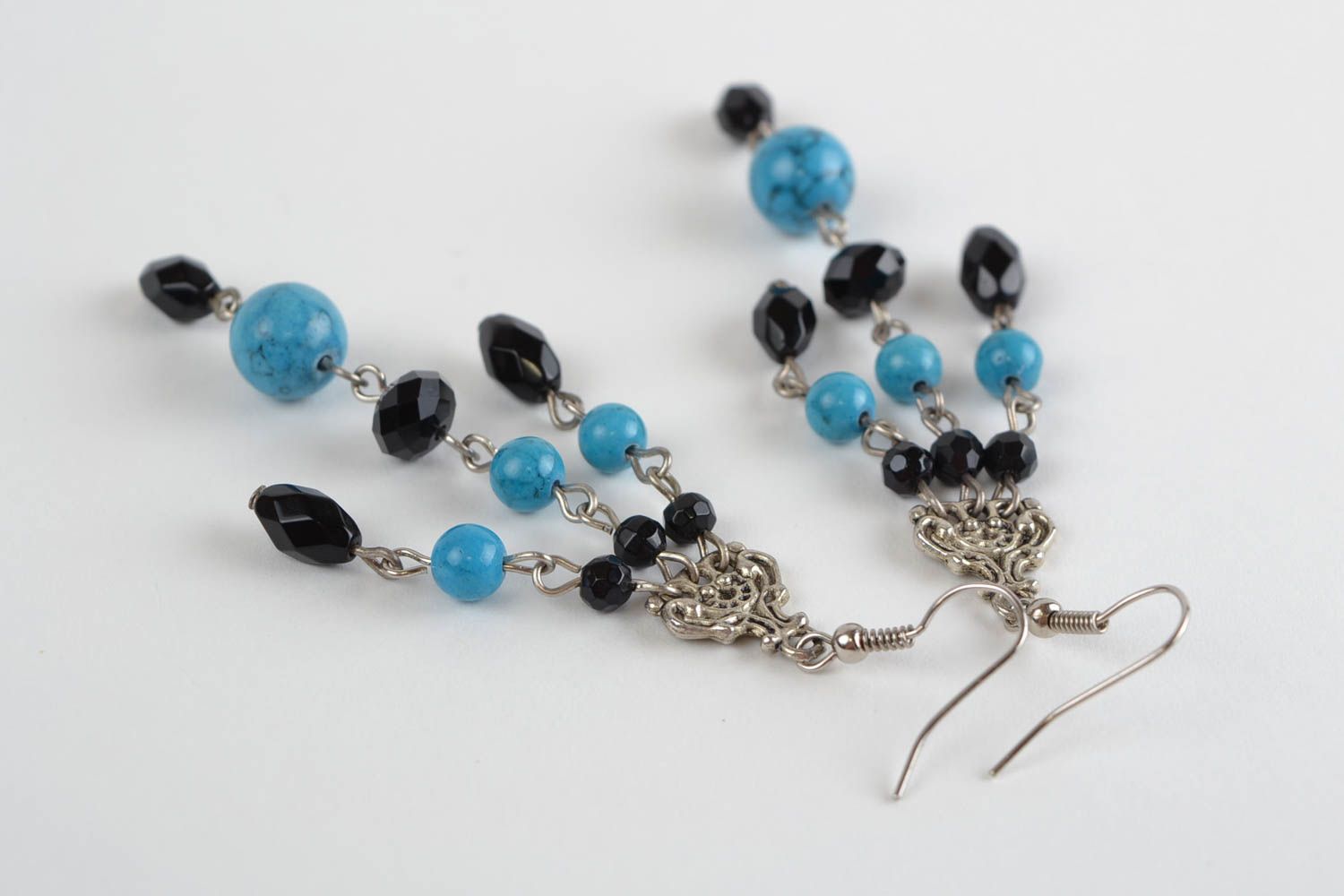 Handmade Czech glass earrings long black and blue female designer accessory photo 5