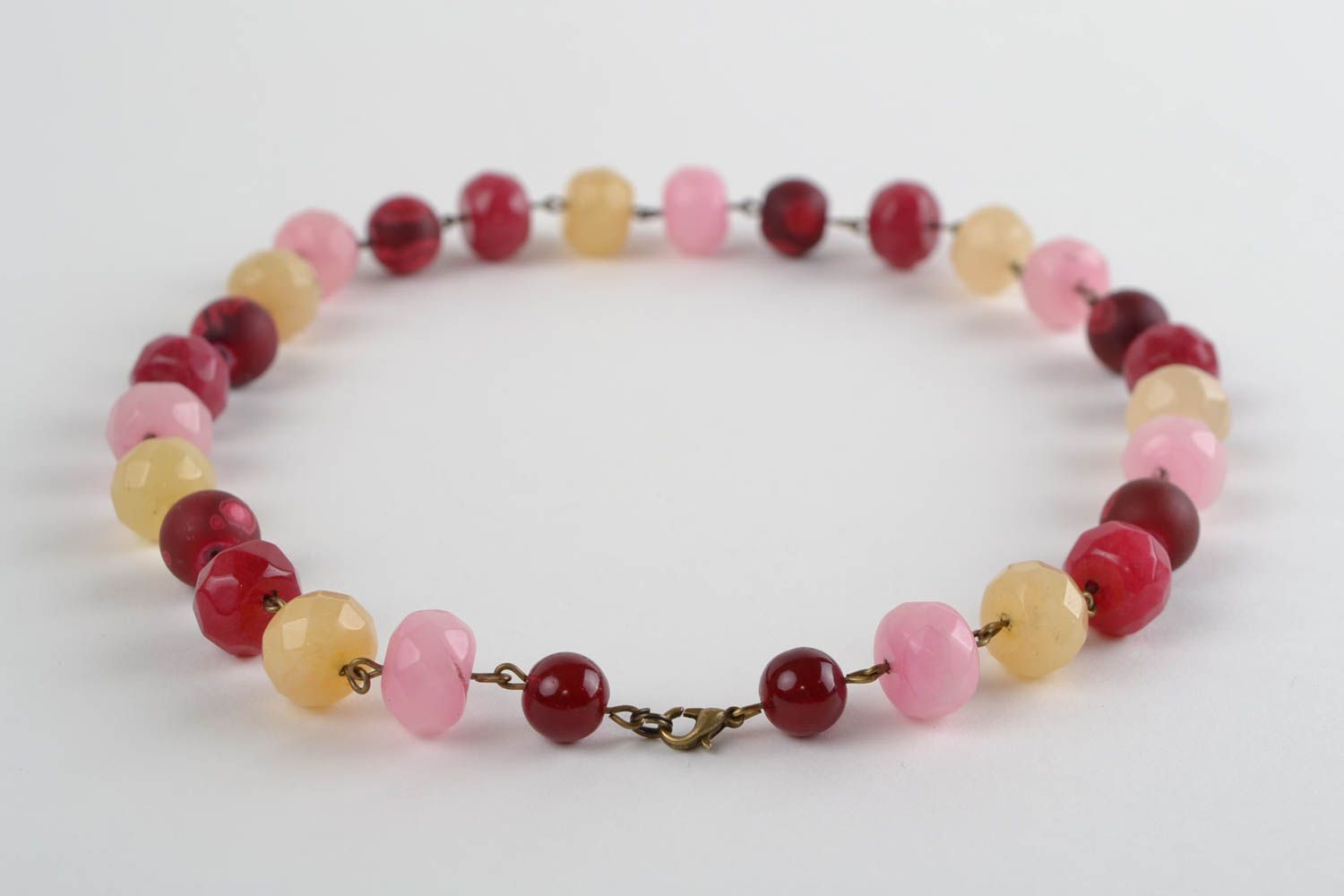 Handmade designer colorful agate coral and glass bead necklace pink and beige photo 4