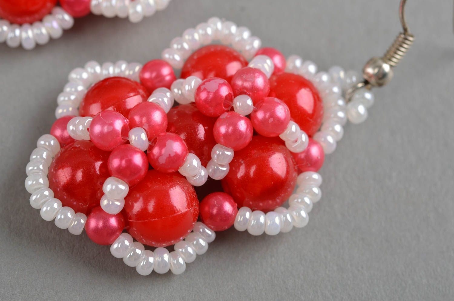 Designer earrings handmade beaded jewelry stylish accessories white and red photo 5
