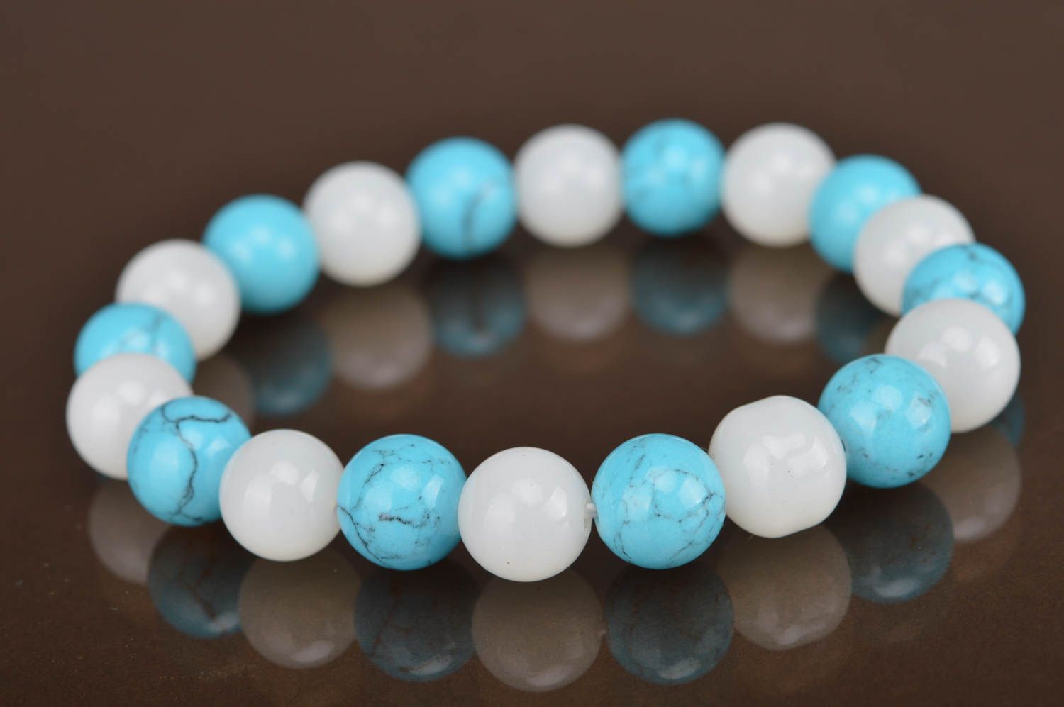 Beautiful gentle handmade thin stretch bracelet with white and blue beads  photo 4