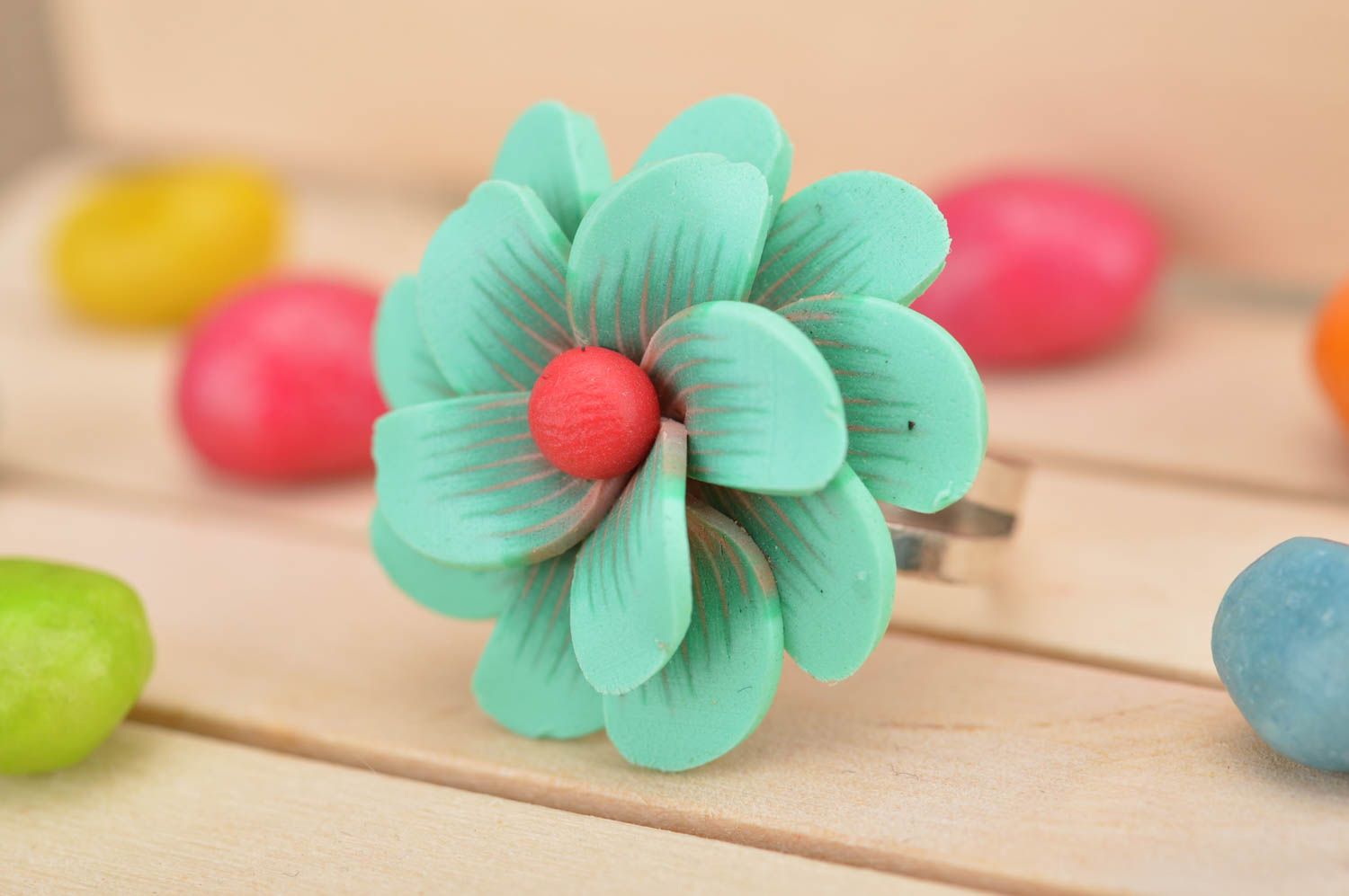 Handmade stylish cute unusual volume ring made of polymer clay with flower photo 1