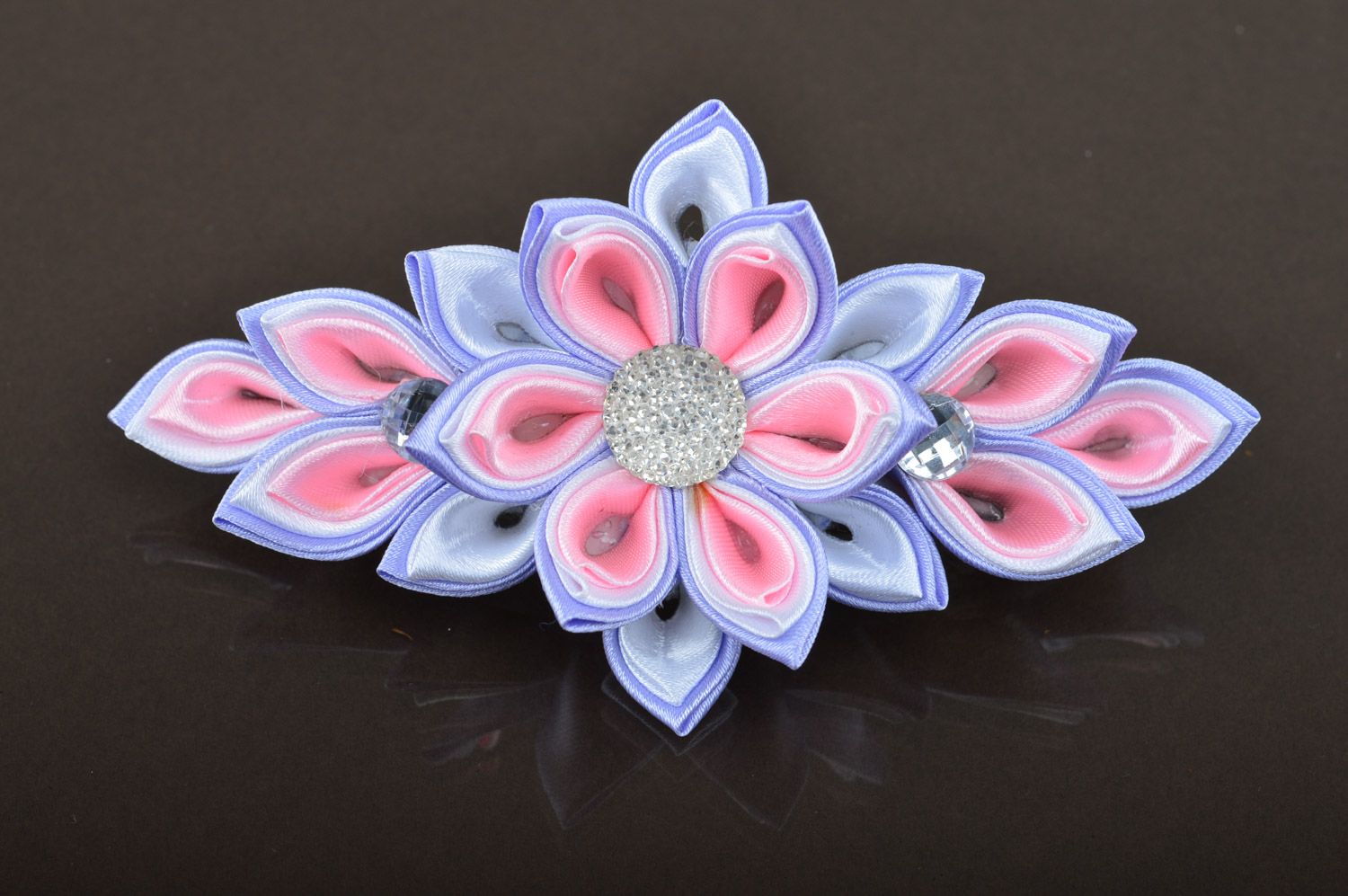 Handmade designer hair clip with kanzashi flower in tender color palette photo 3