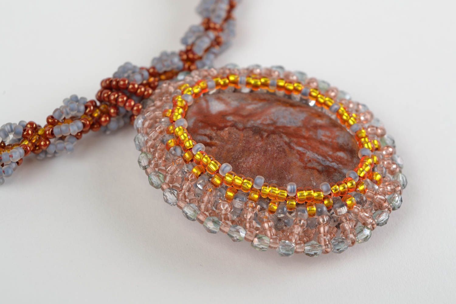 Beaded long designer handmade pendant made of natural stones  photo 3