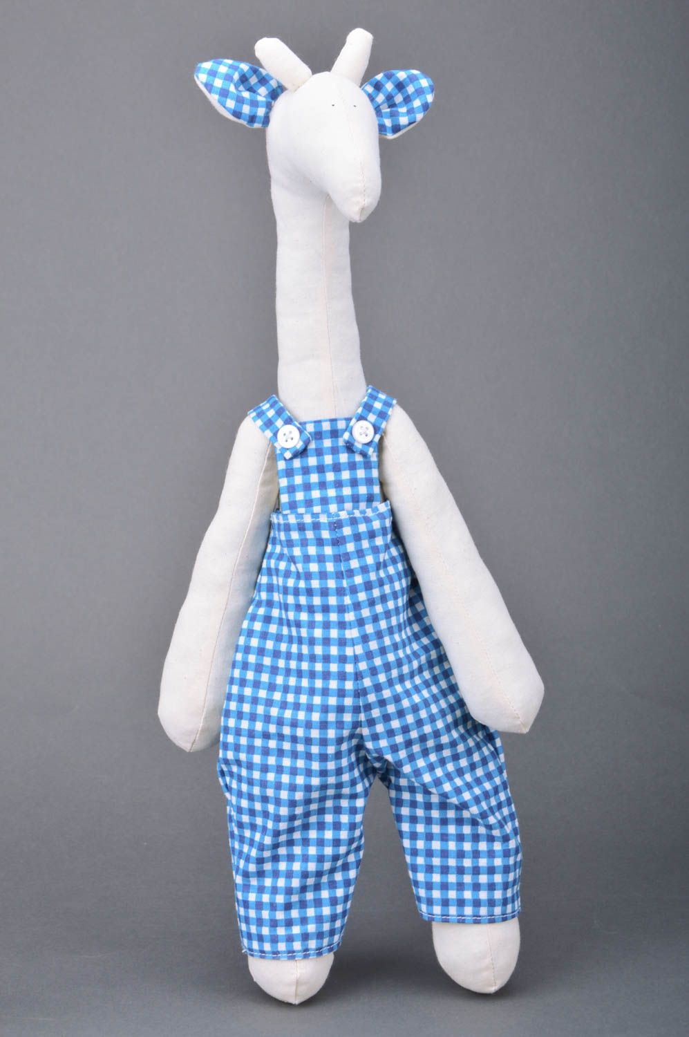 Jouet mou Girafe combinaison à carreaux bleu blanc coton original fait main photo 2