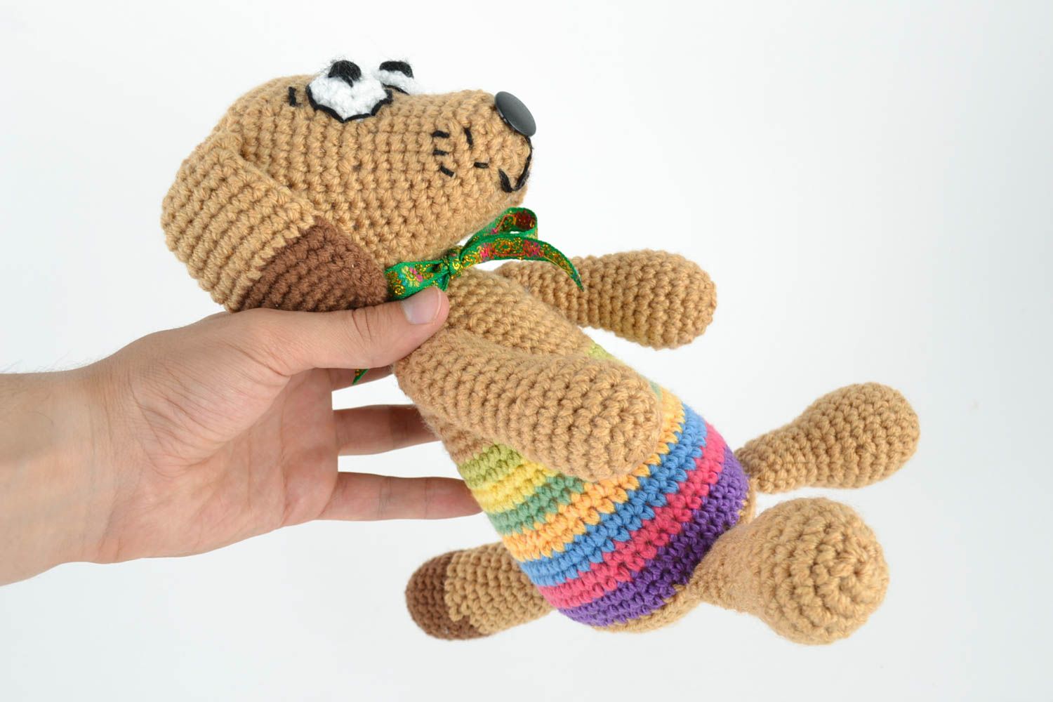 Handmade designer small soft toy crocheted of semi wool and wool cute dog photo 5