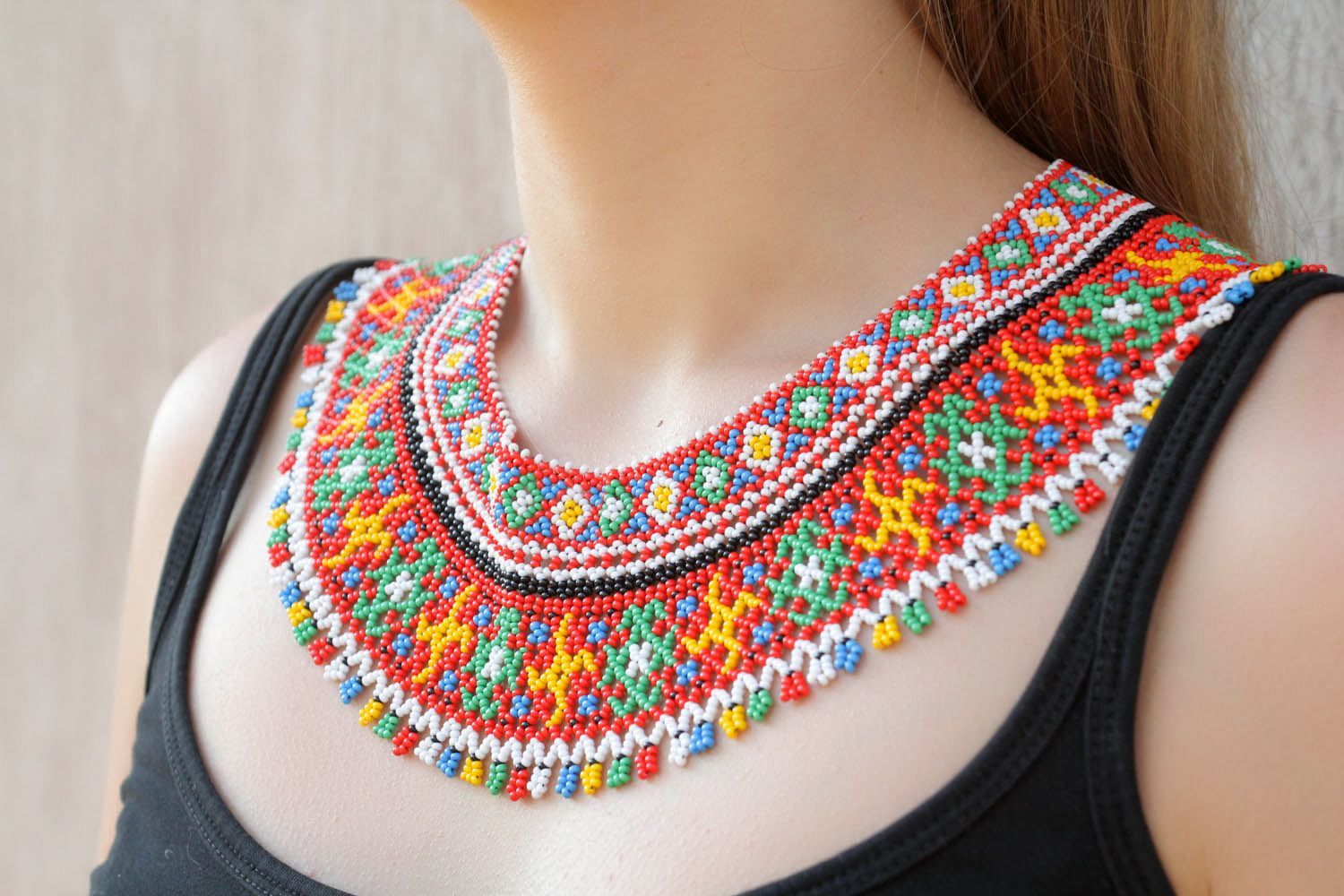 Mexican bib necklace red, blue, green and orange color with big agate -  BUSIKO Jewelry Shop