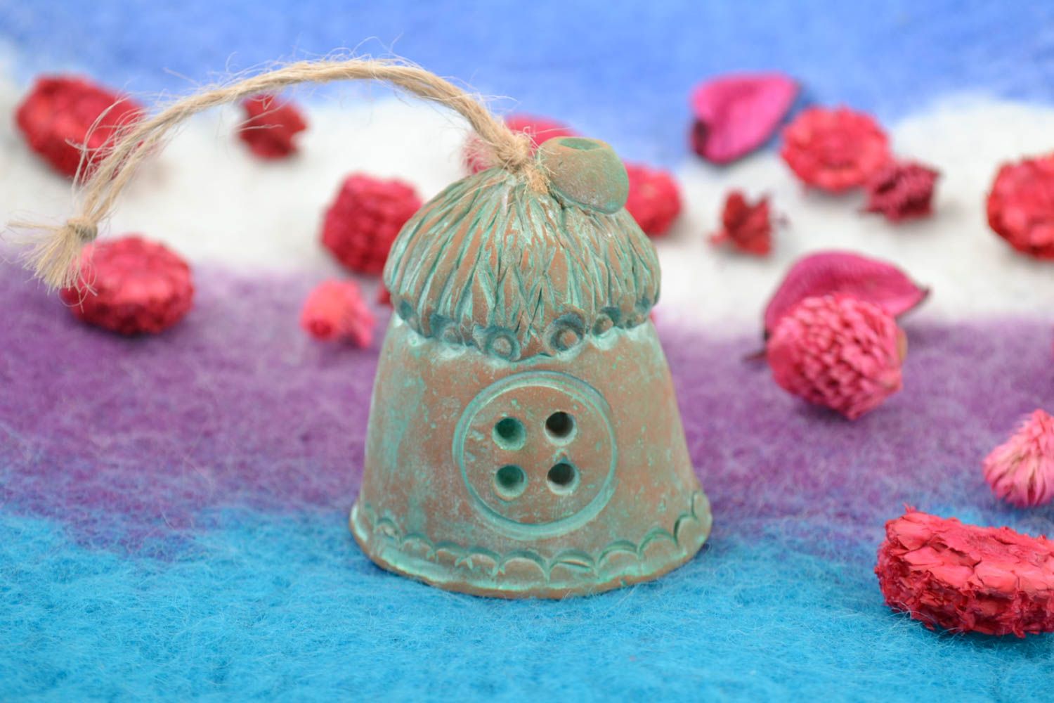 Painted handmade red clay bell with loop ceramic home decor decorative pottery photo 1