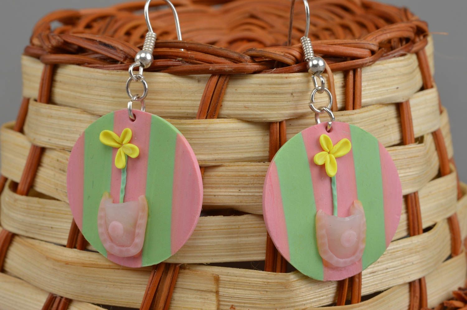 Colorful handmade round plastic earrings designer jewelry polymer clay ideas photo 1