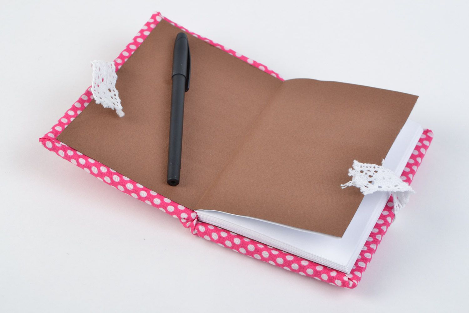Handmade notebook with bright pink and white polka dot fabric cover for 60 pages photo 3