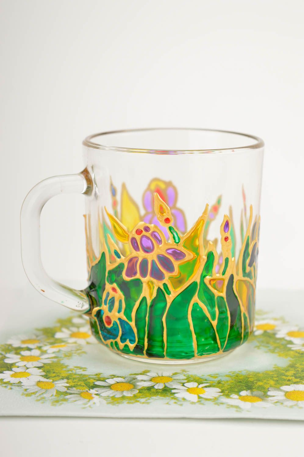 Clear glass coffee mug with hand-painted gold and green floral pattern photo 1