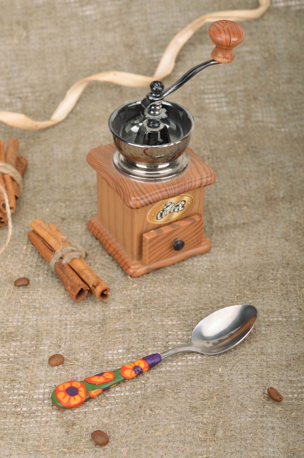 Unusual beautiful handmade designer teaspoon with polymer clay handle photo 1
