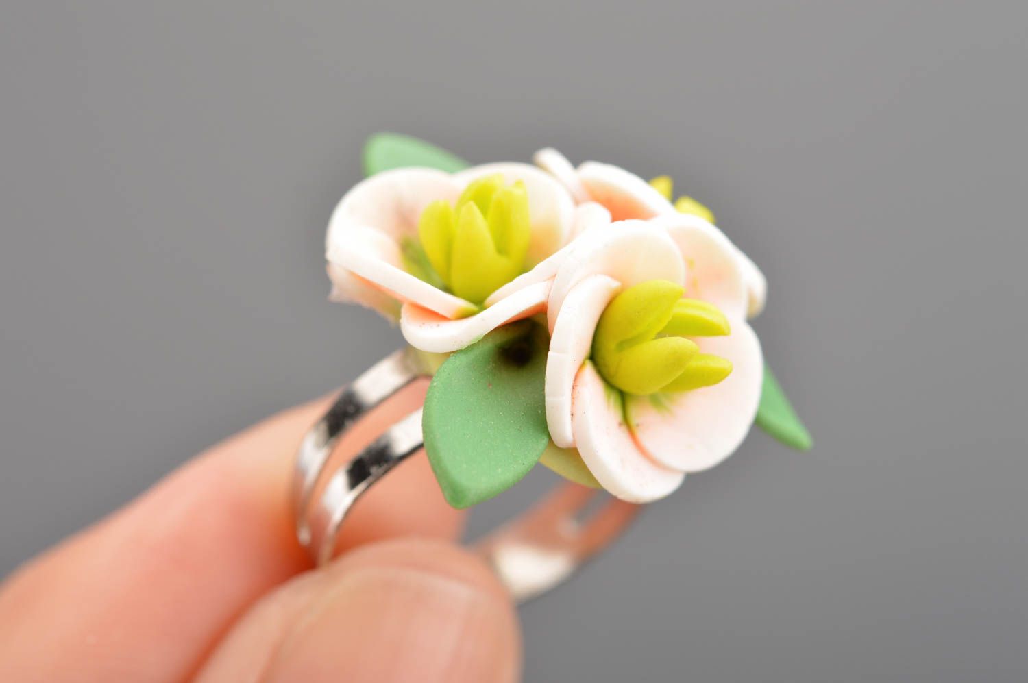 Handmade tender stylish ring made of polymer clay in shape of 3 flowers photo 2