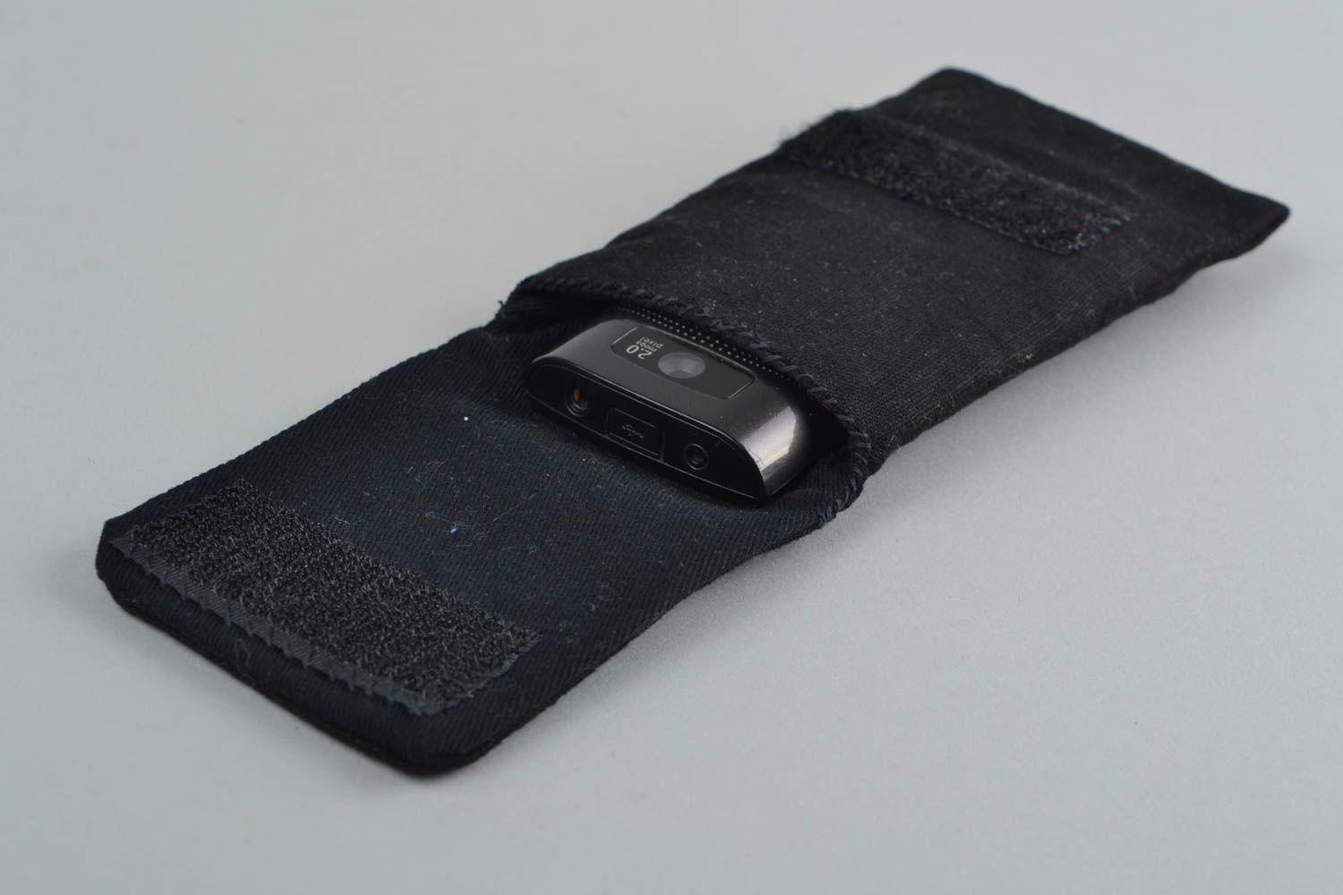 Handmade fabric black mobile phone case with blue ethnic embroidery with velcro photo 4