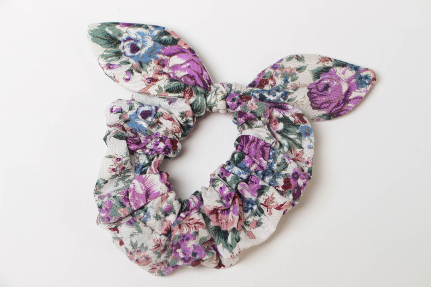 Decorative handmade viscose fabric hair band with violet floral pattern with bow photo 2