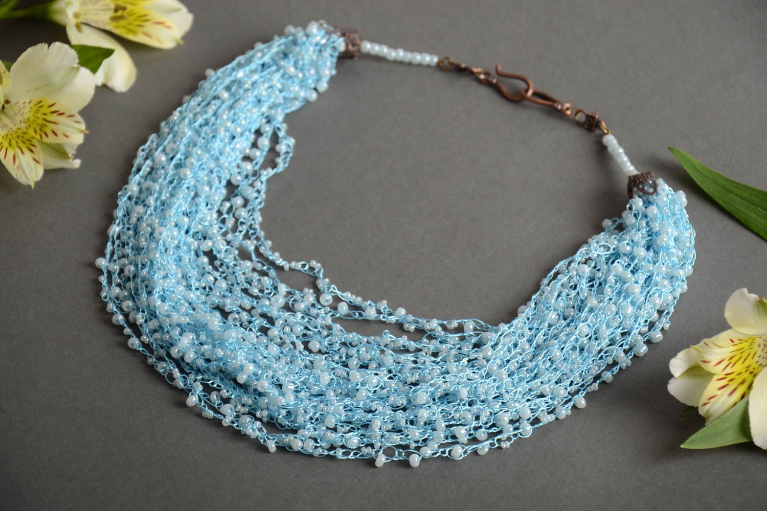 Beautiful blue handmade multirow beaded necklace designer women's jewelry photo 1