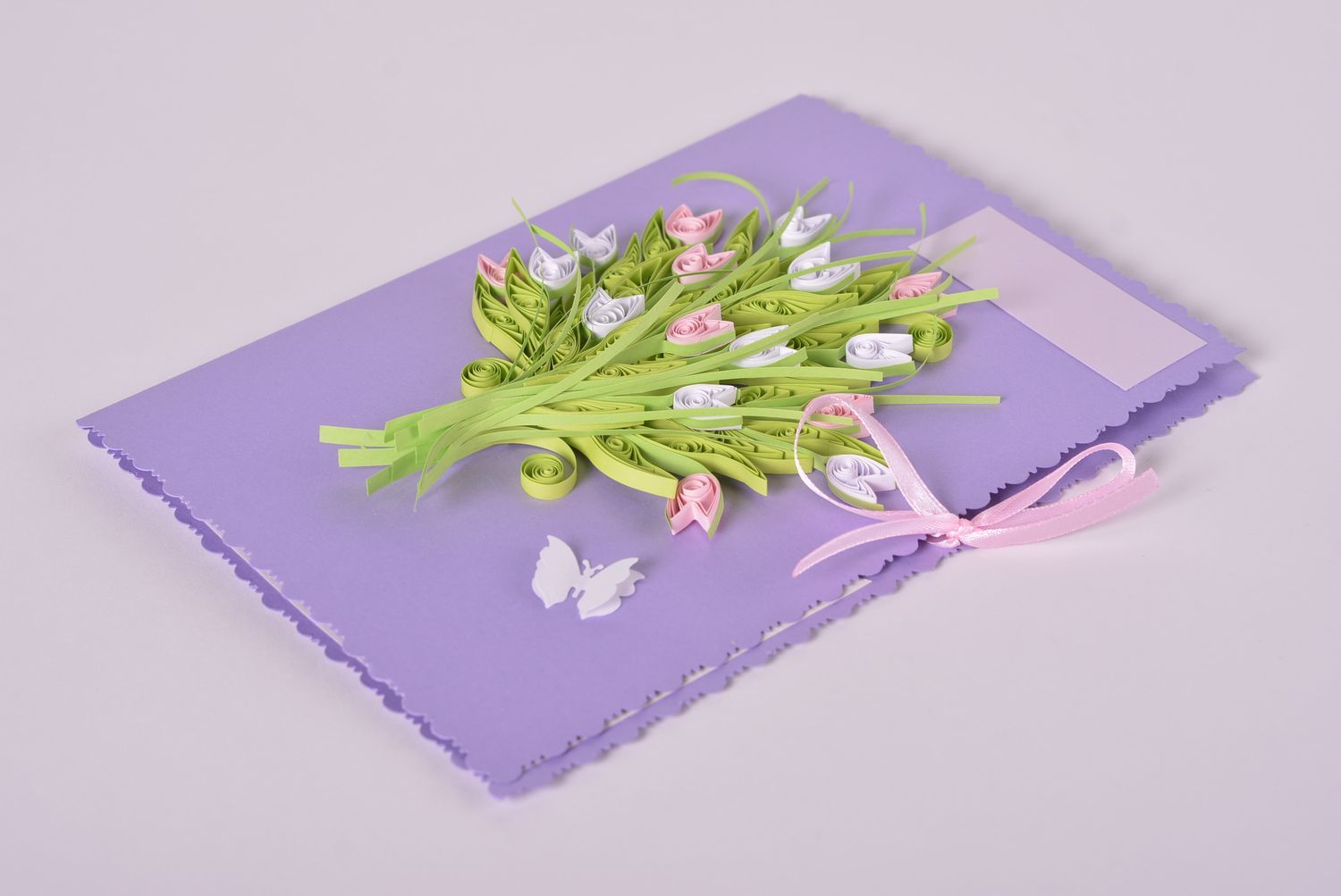 Carte de voeux fait main avec bouquet de fleurs ton mauve Cadeau original photo 1