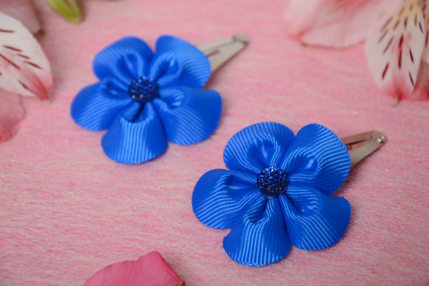 Set of handmade designer decorative hair clips with bright blue kanzashi flowers photo 1