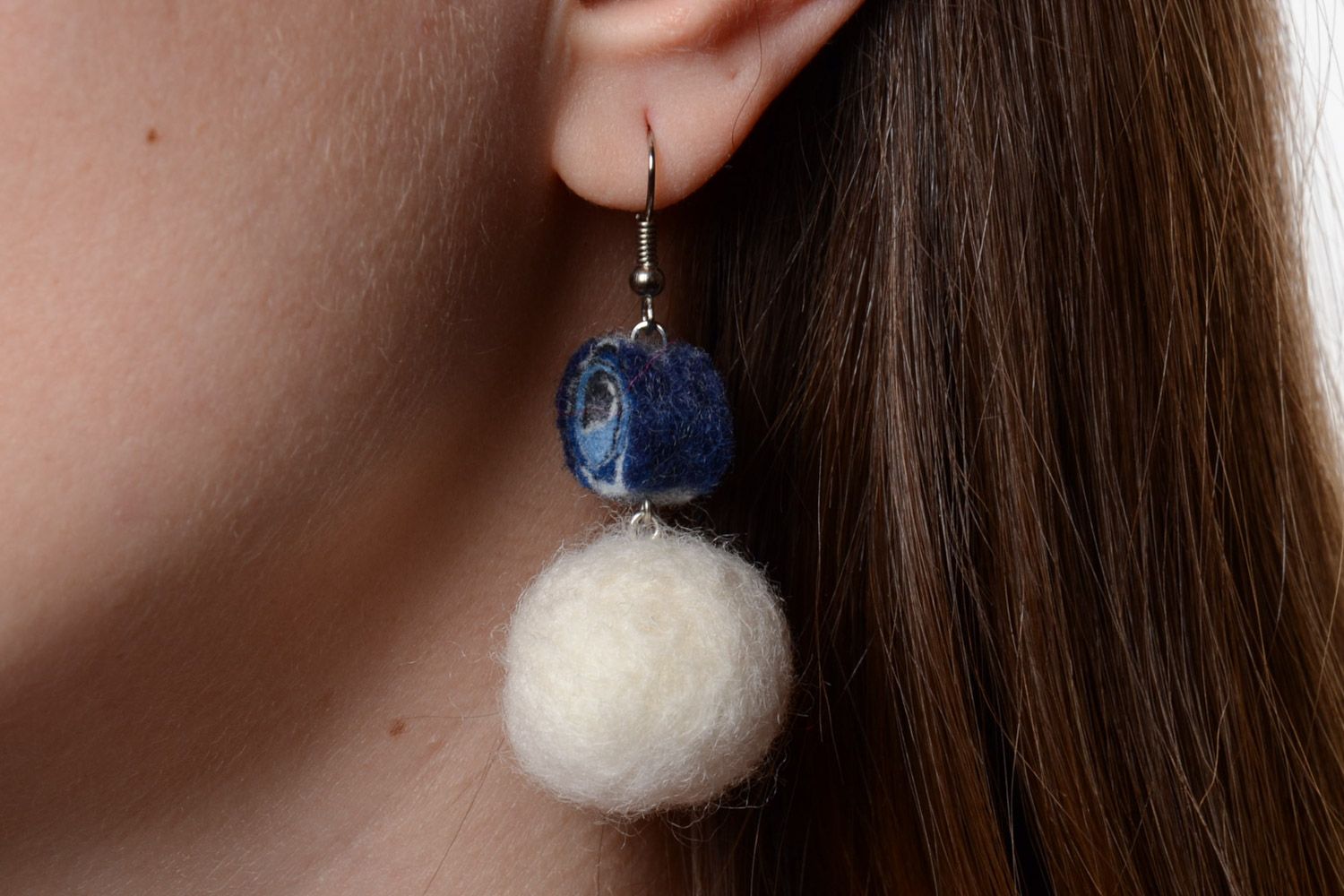 White and blue handmade long felted wool ball earrings for women photo 1