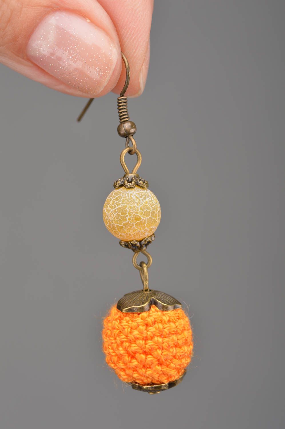 Handmade beaded crocheted earrings long yellow orange bright beautiful jewelry photo 2
