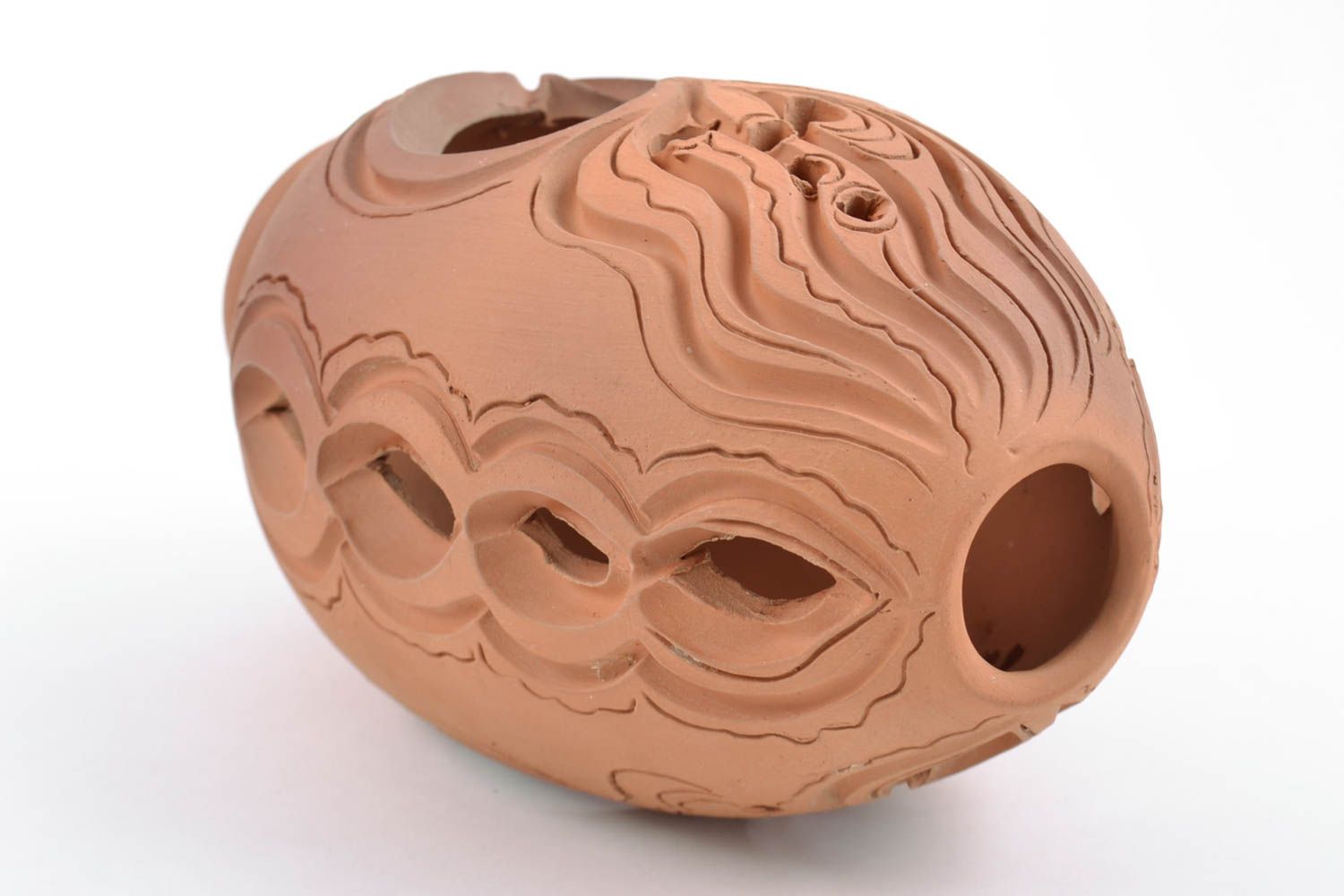 Vase oeuf décoratif en terre cuite de taille moyenne fait main marron original  photo 3