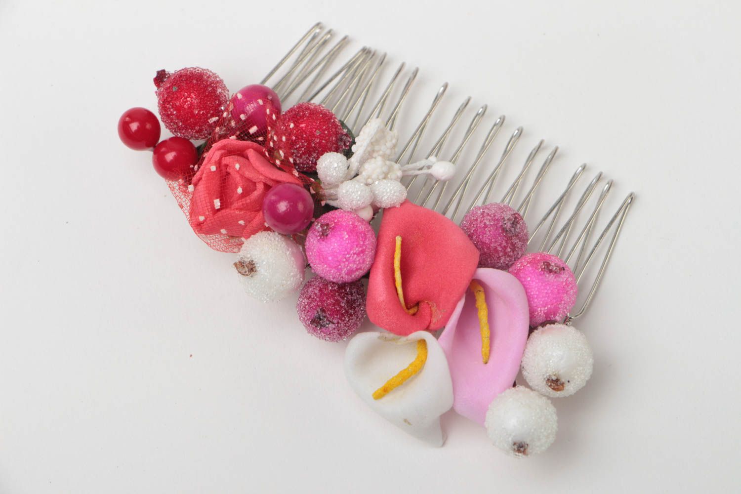 Handmade decorative metal hair comb with artificial berries and flowers photo 2