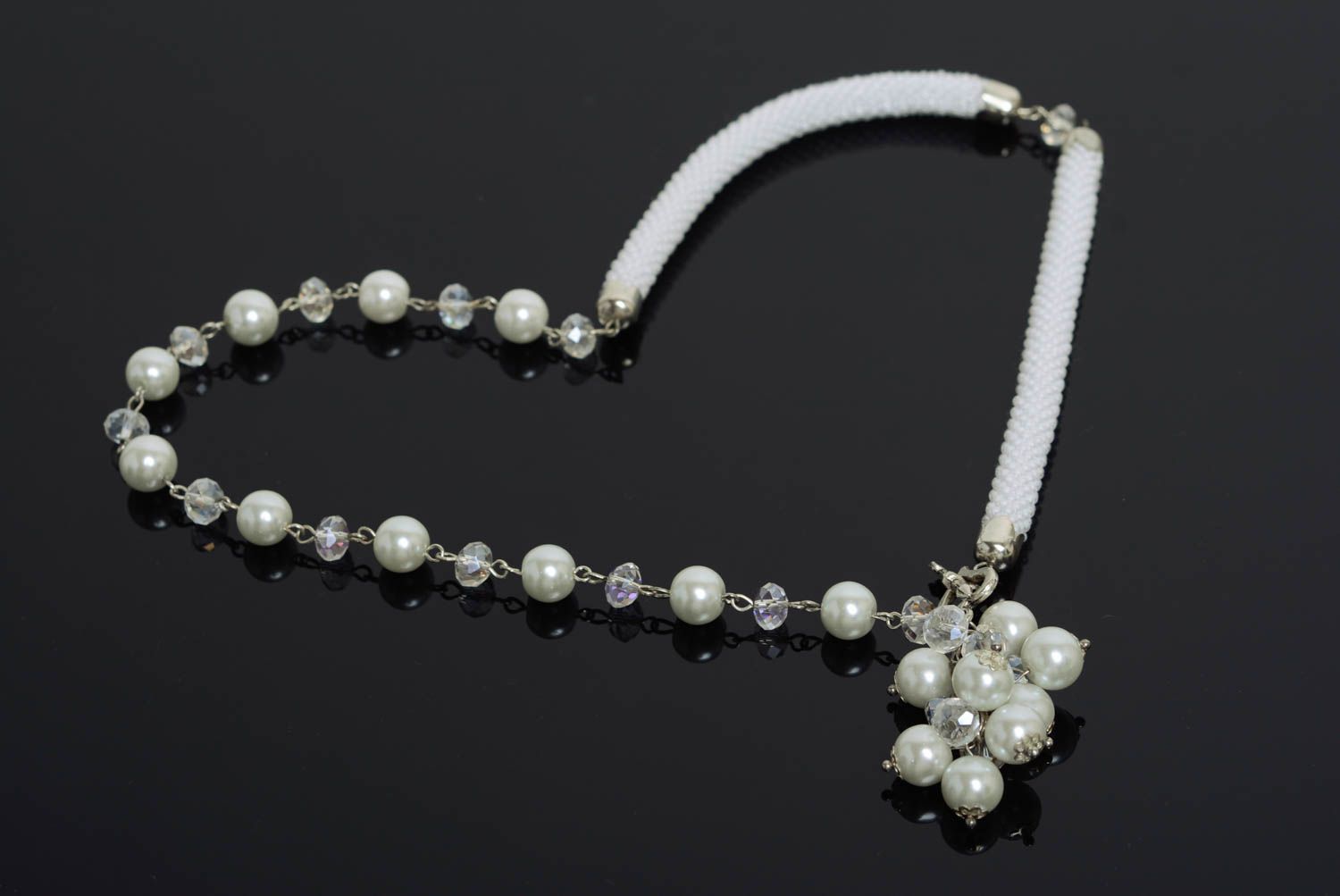 Evening white handmade designer beaded necklace unusual gentle photo 1