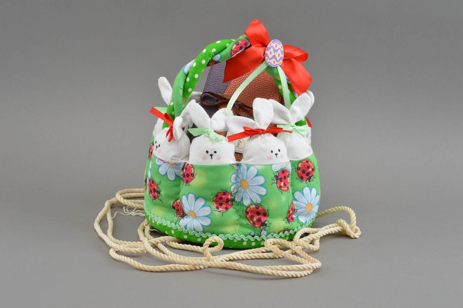Handmade cute beautiful cute soft Easter basket with rabbits unusual decor photo 1