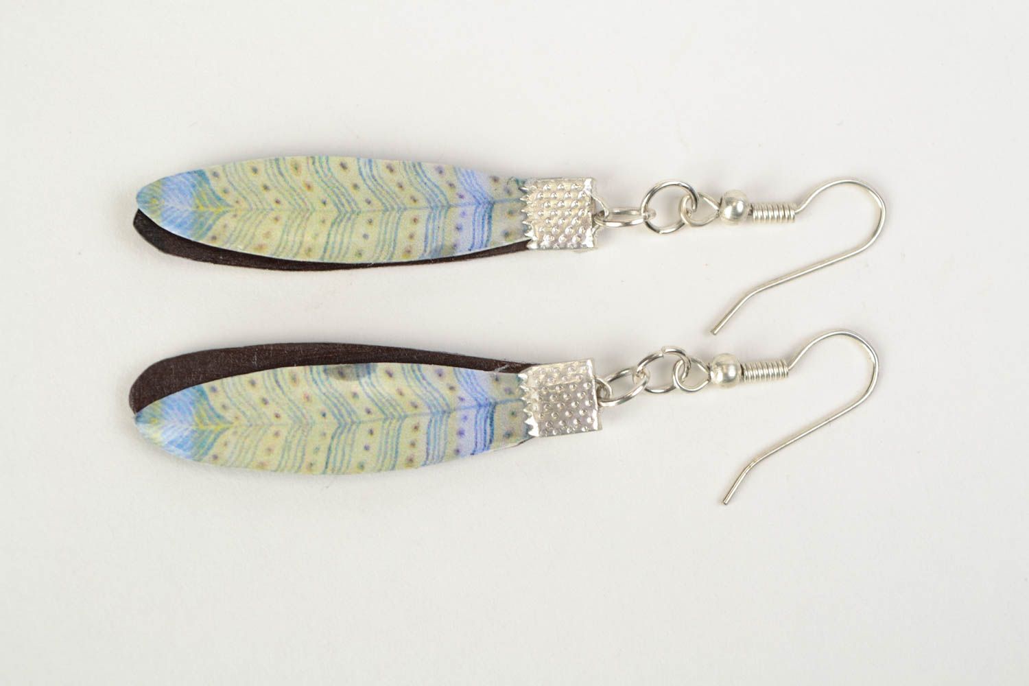 Handmade polymer clay long earrings with jewelry resin Feathers photo 5