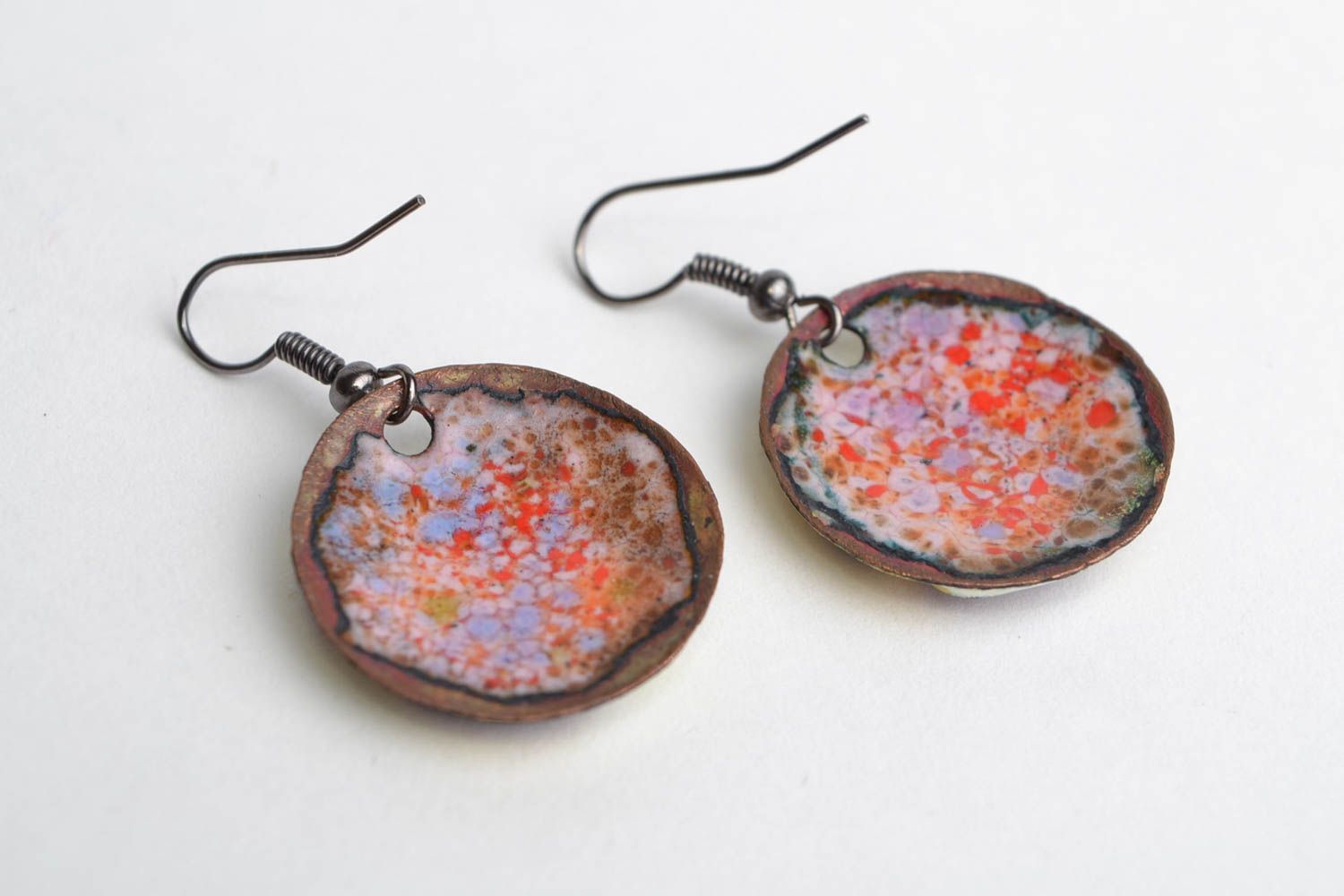Handmade round copper earrings painted with colorful enamels red poppy flowers photo 5